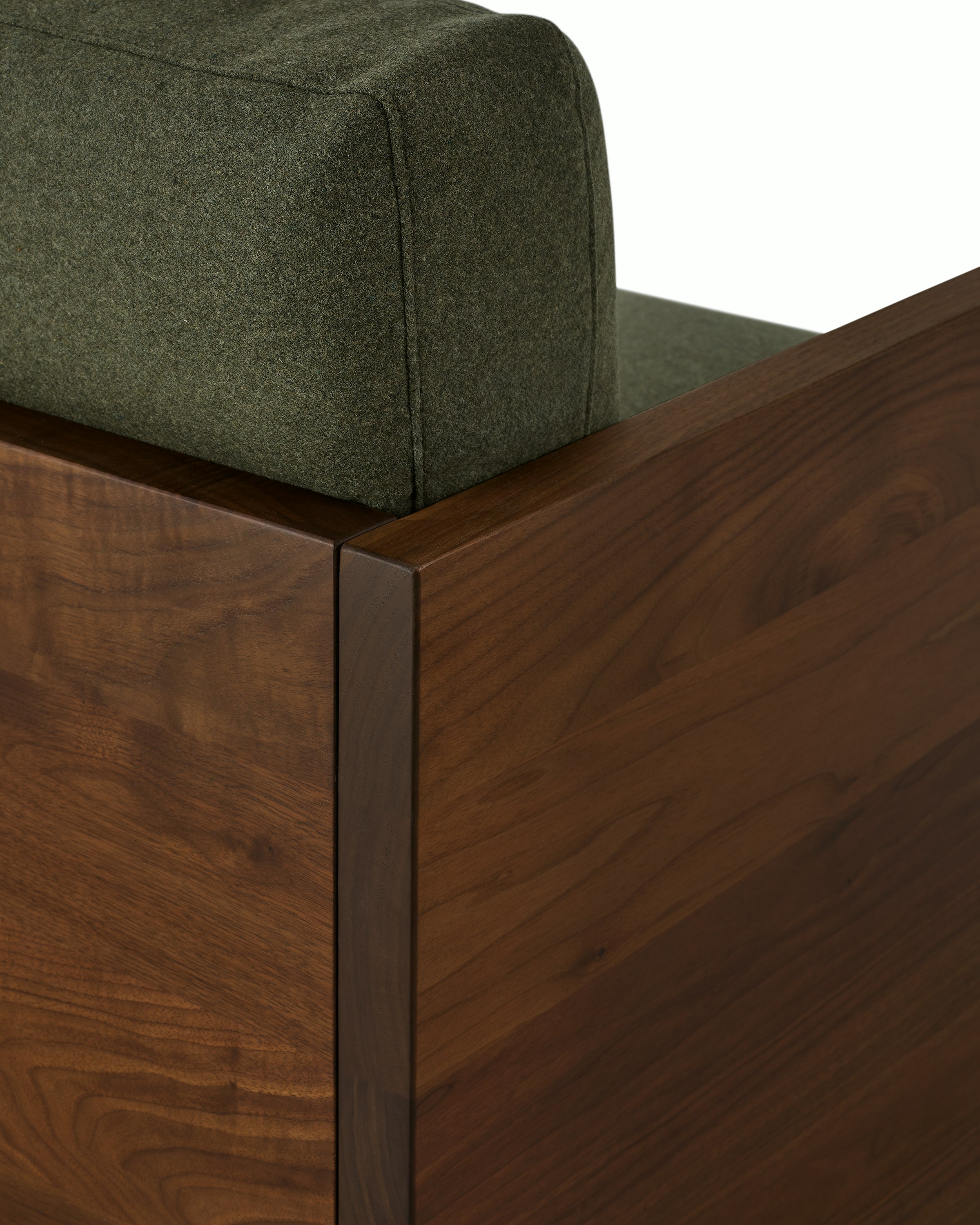 Detail of back of the Pawson Drift Sofa in walnut and green (Luce Agrarian)