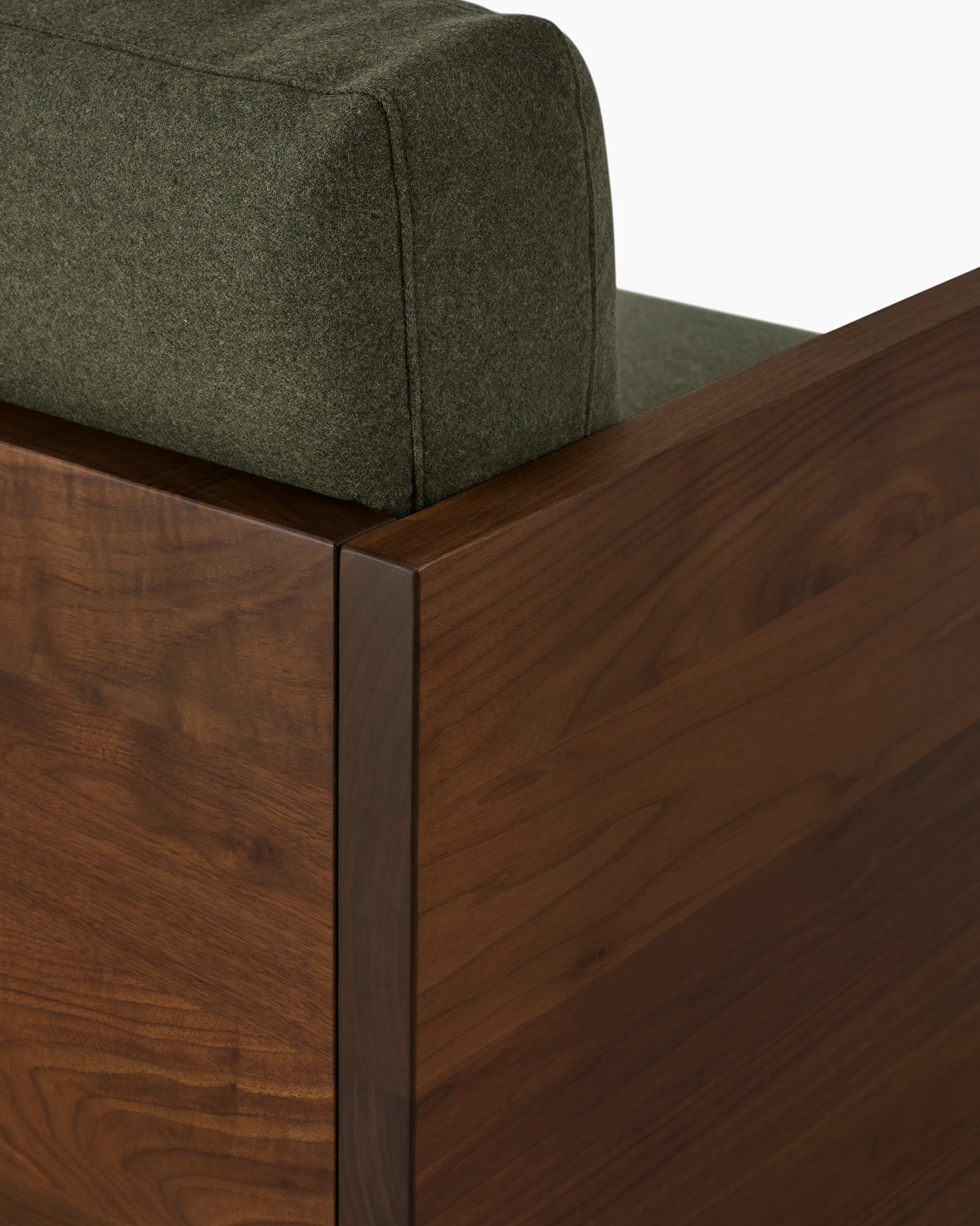 Detail of back of the Pawson Drift Sofa in walnut and green (Luce Agrarian)