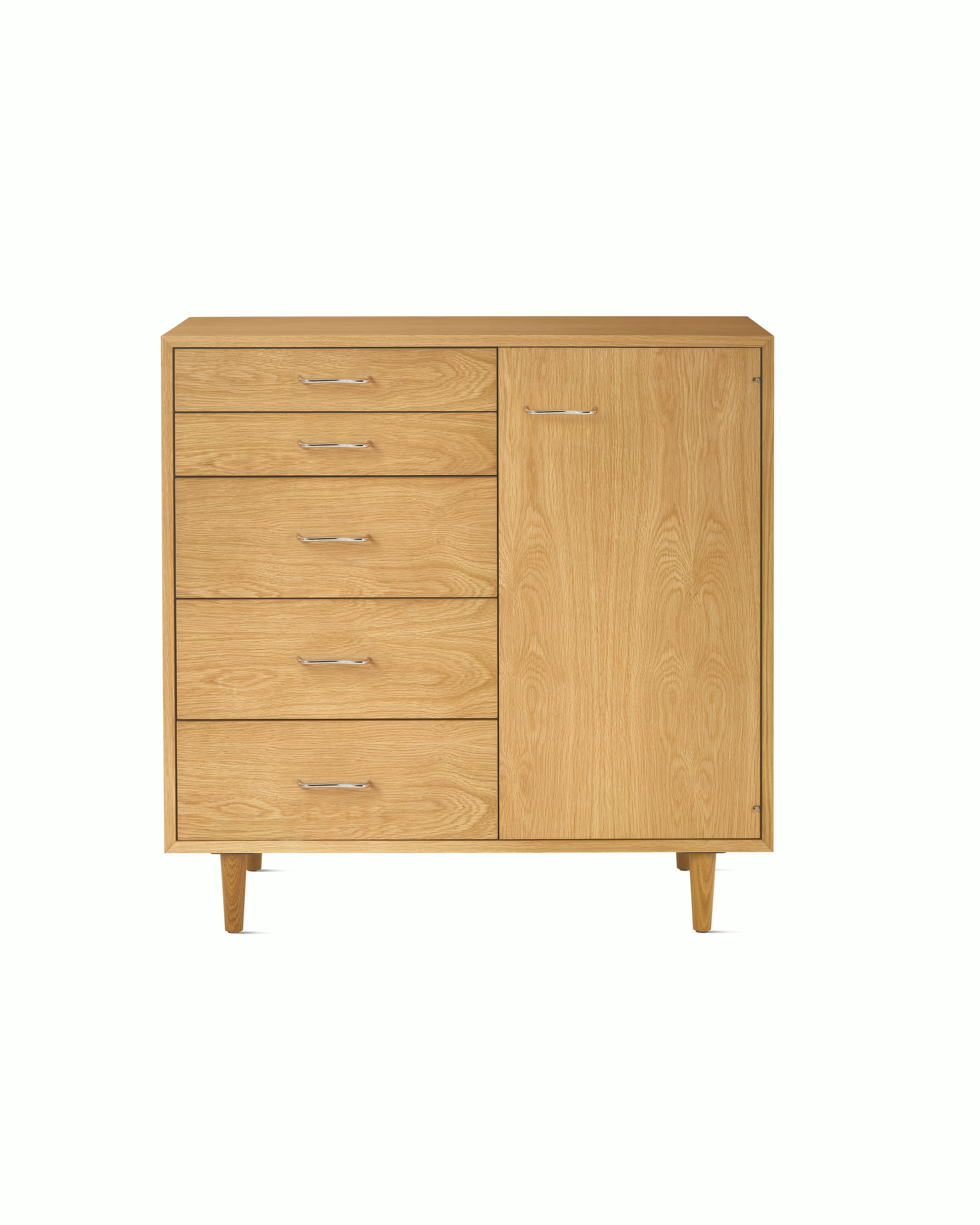 Nelson Basic Cabinet Series - 5-Drawer with Door - White Oak,  Wavy Pull,  Taper Leg