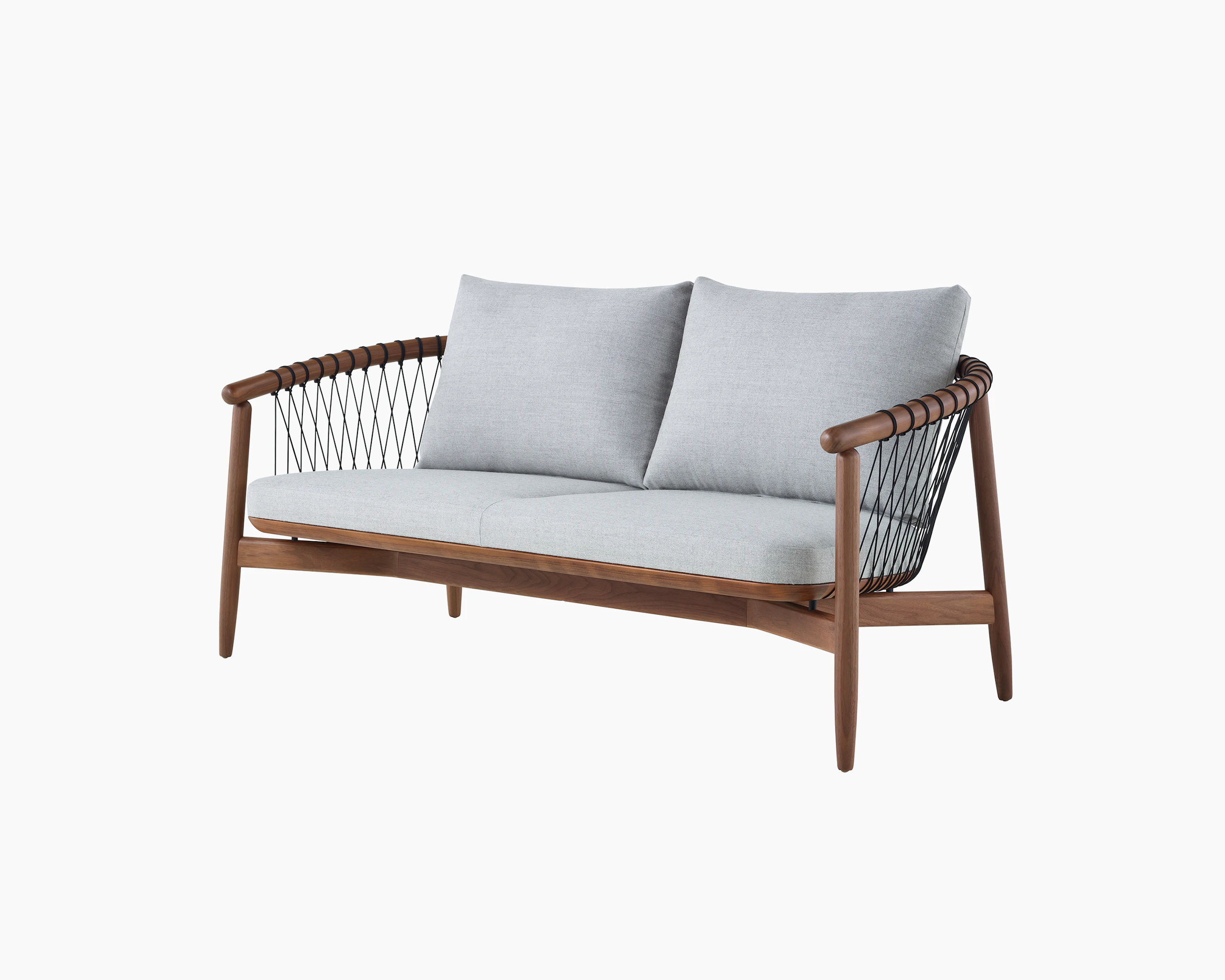 A Crosshatch Settee with a walnut frame, black cords, and a light neutral fabric, viewed at an angle.