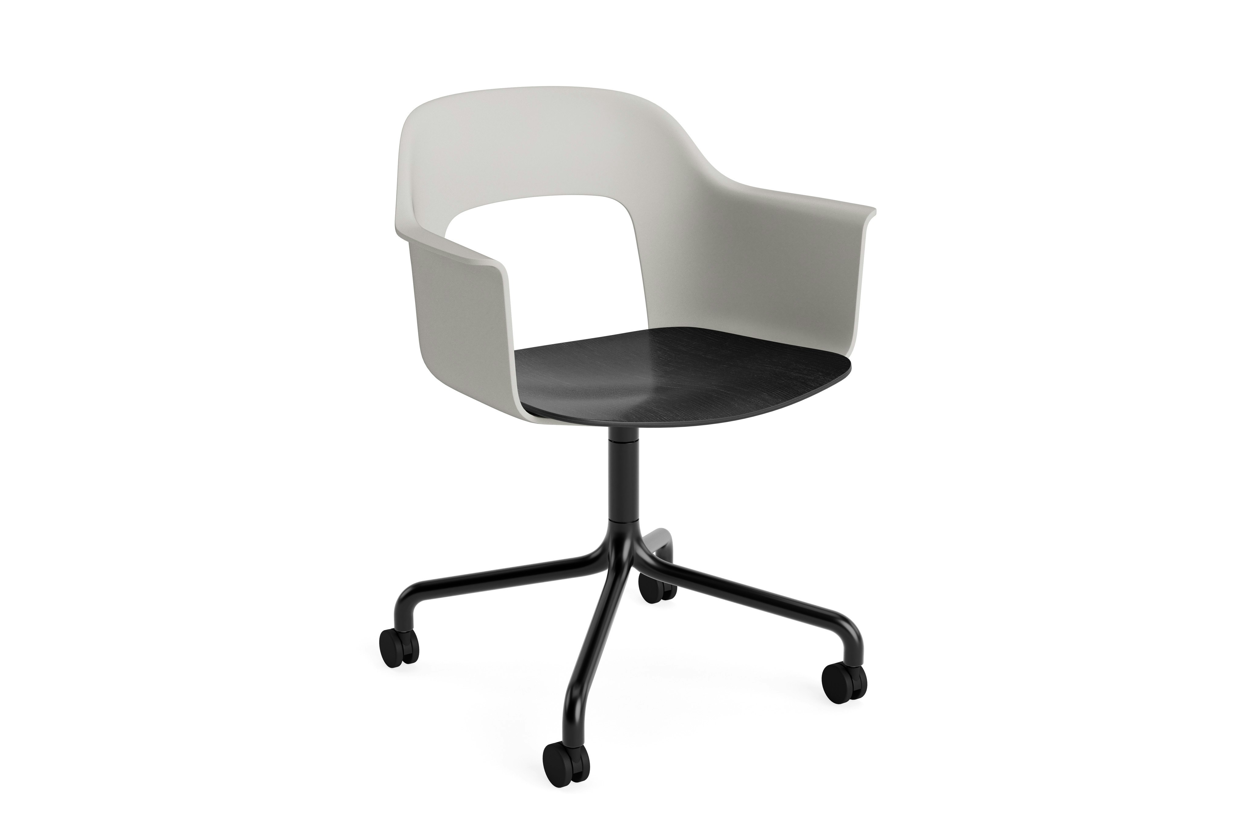 Plastic shell armchair with plywood seat on arc caster base, angled view