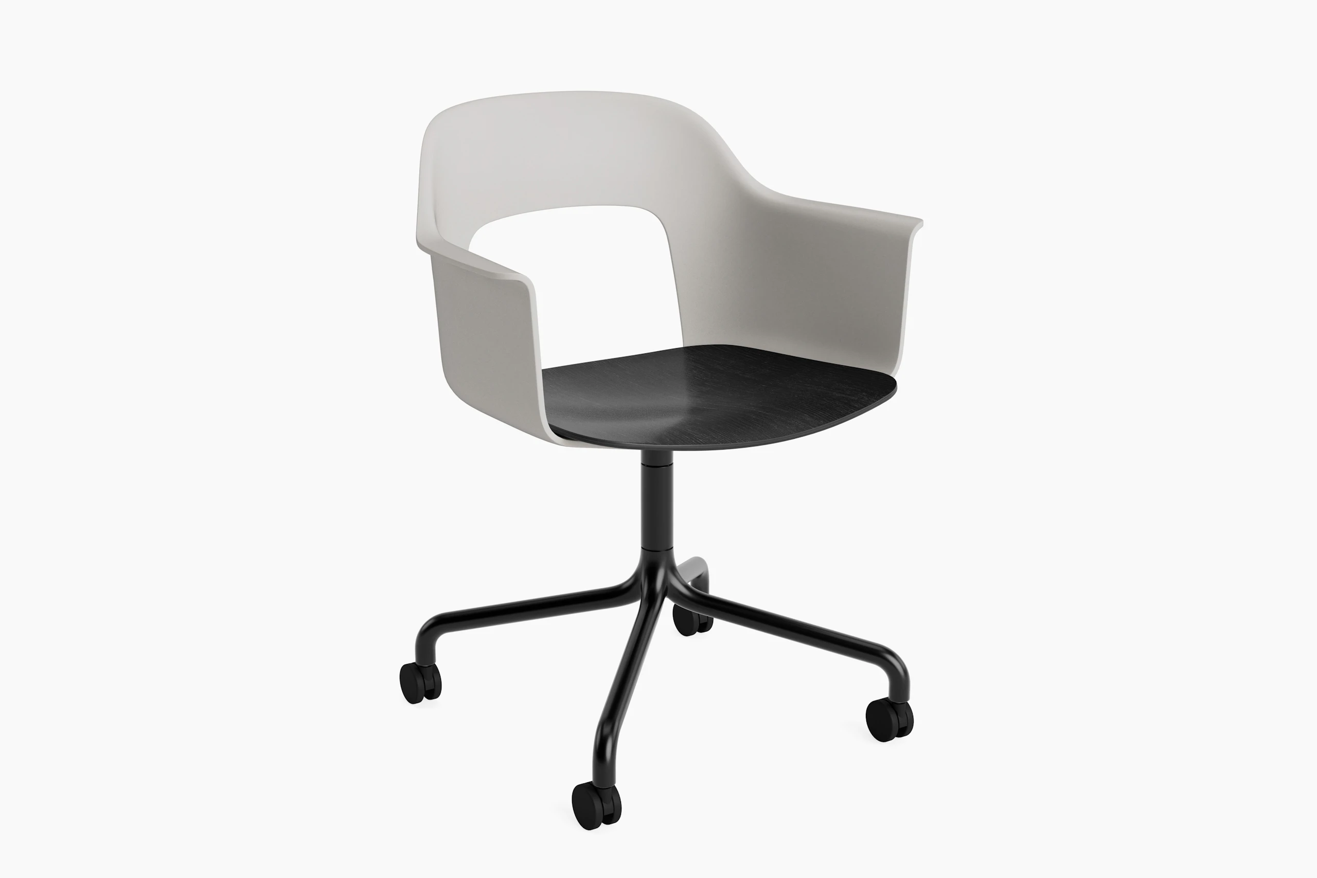 Plastic shell armchair with plywood seat on arc caster base, angled view