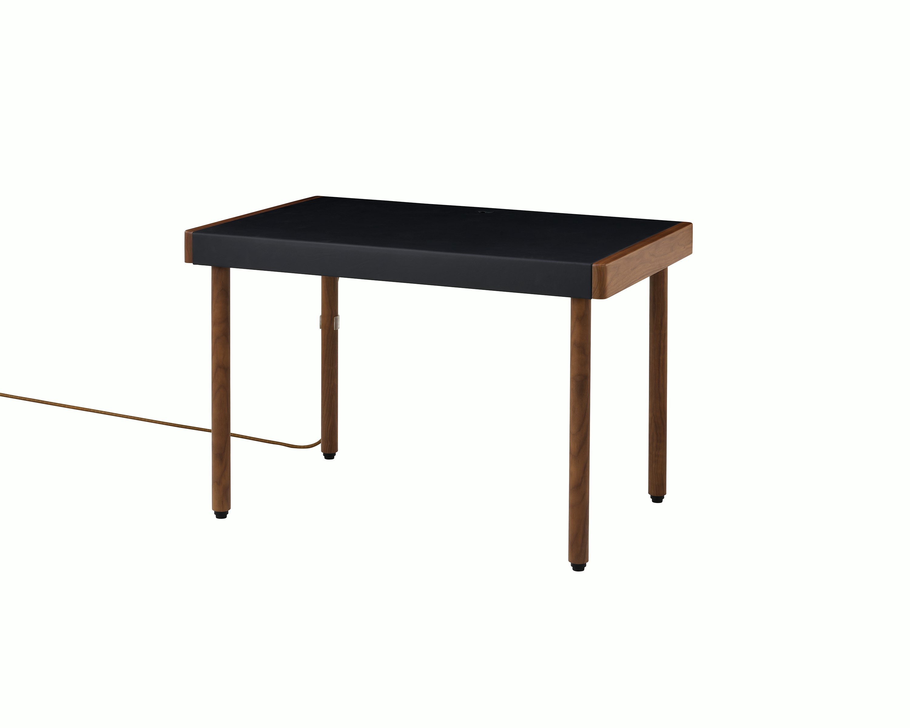 New Canaan Leatherwrap Sit-to-Stand Desk in Walnut and Black Leather, no drawers, with cord, angled view.