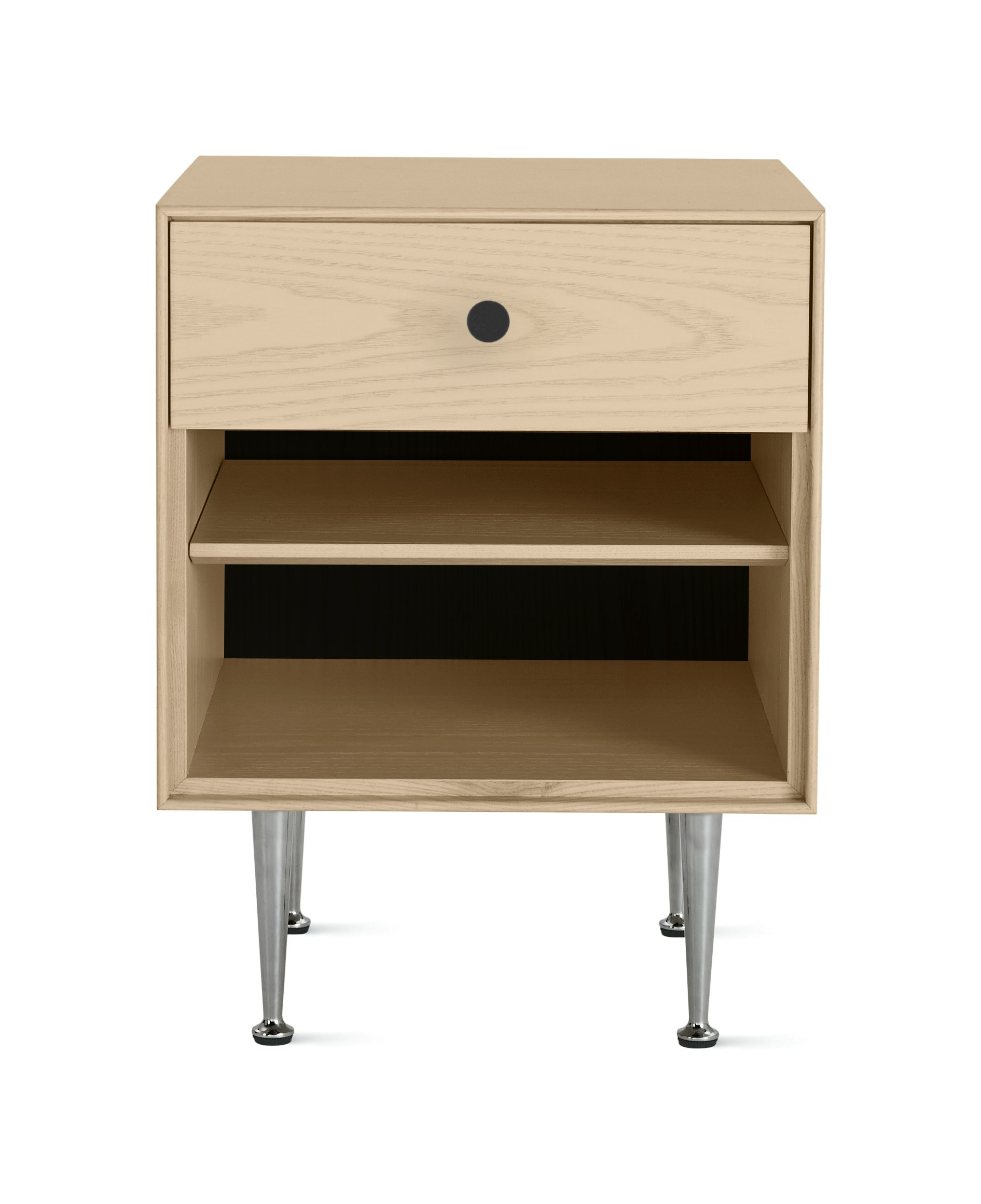 A Nelson Thin Edge Bedside Table in Ash and Black viewed from the front.