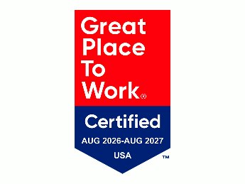 The red, white, and blue Great Place to Work Certified logo for August 2026 through August 2027.