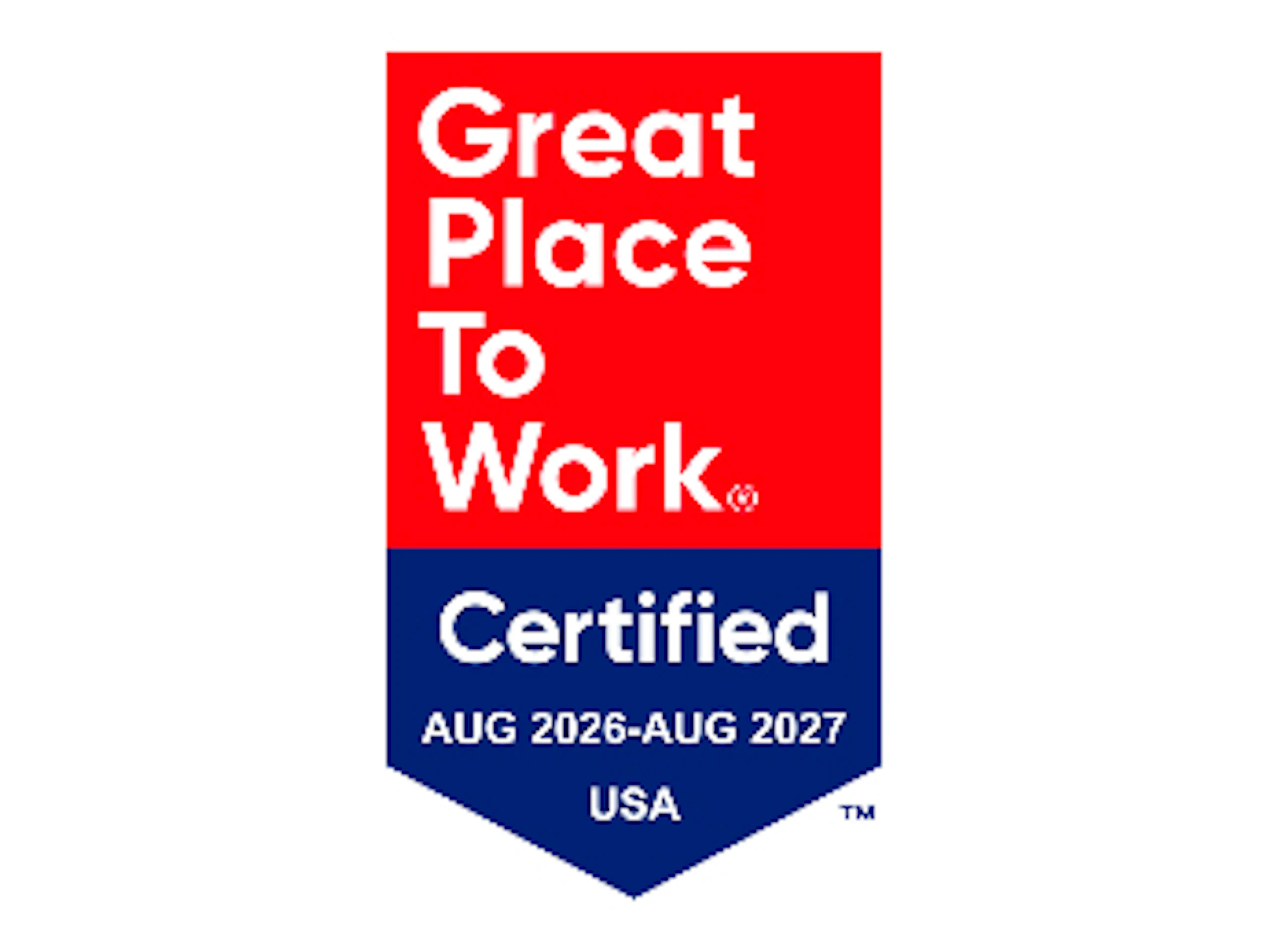 The red, white, and blue Great Place to Work Certified logo for August 2026 through August 2027.