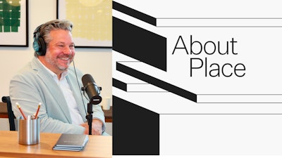 Ryan Anderson sitting behind a microphone while recording his podcast, About Place, and the black-and-white About Place logo.