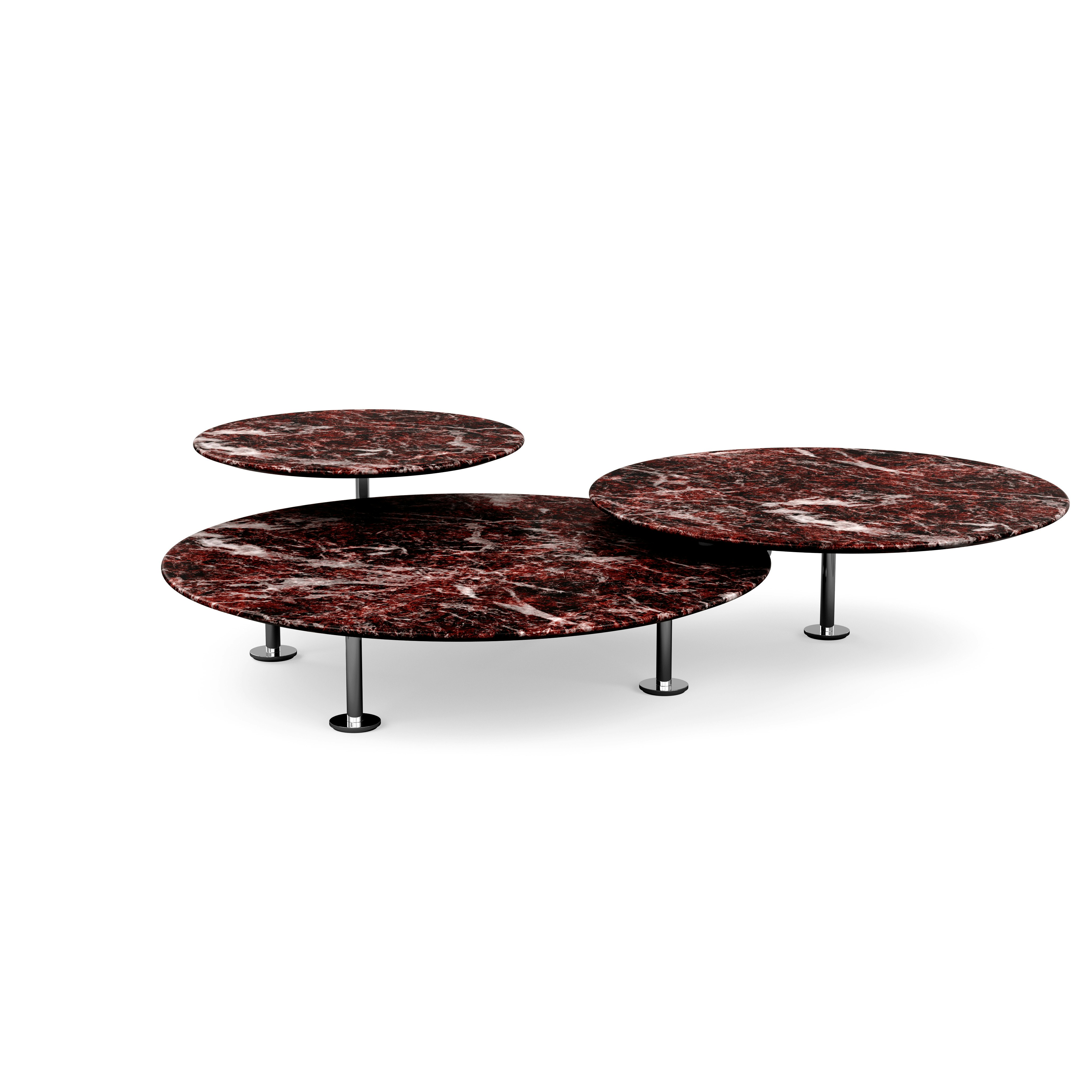 Grasshopper Triple-Top Coffee Table - Marble, Satin Rosso Rubino, Polished Chrome