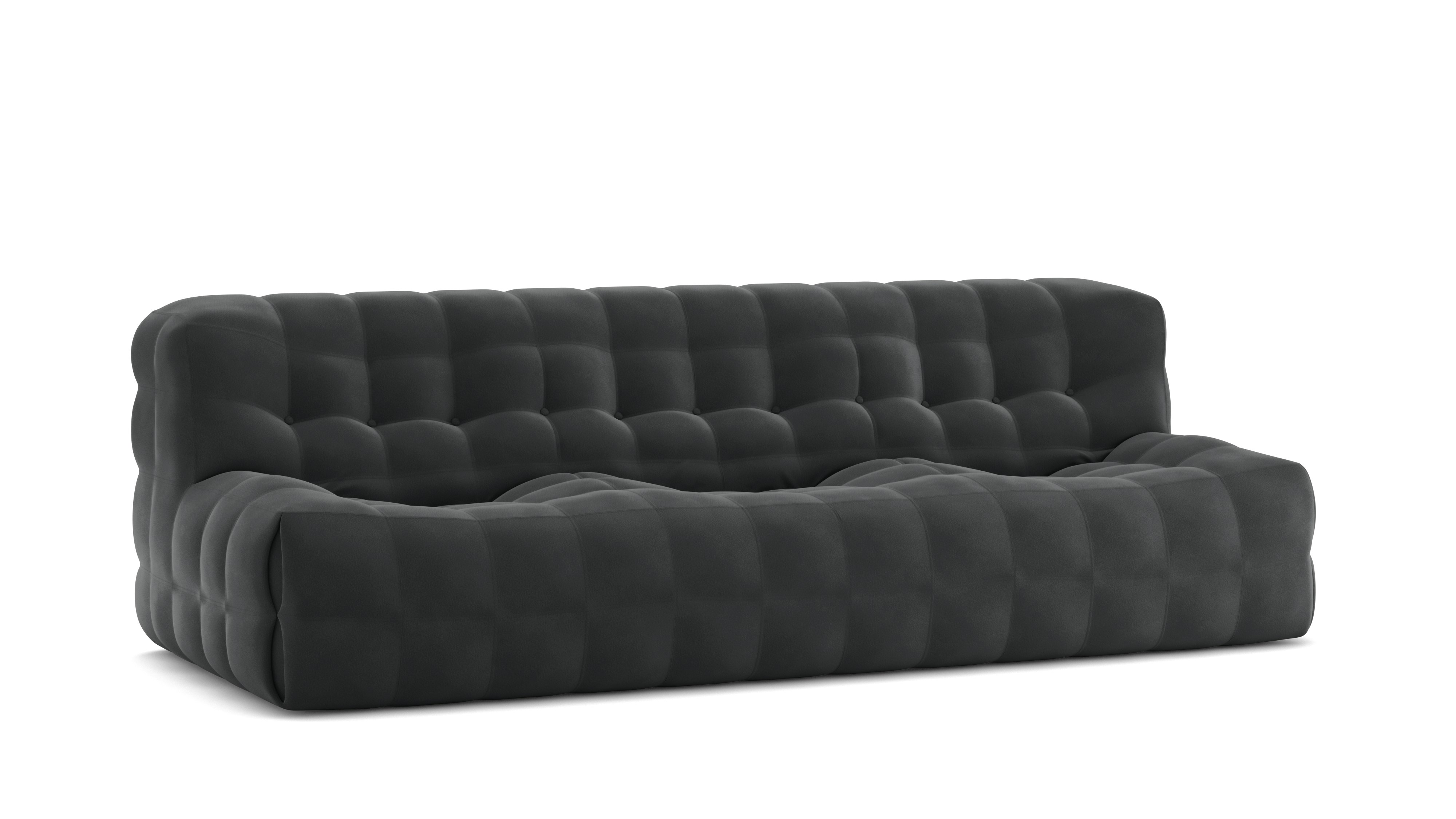 A Kashima Sofa in Moon Velvet Steel viewed from an angle.