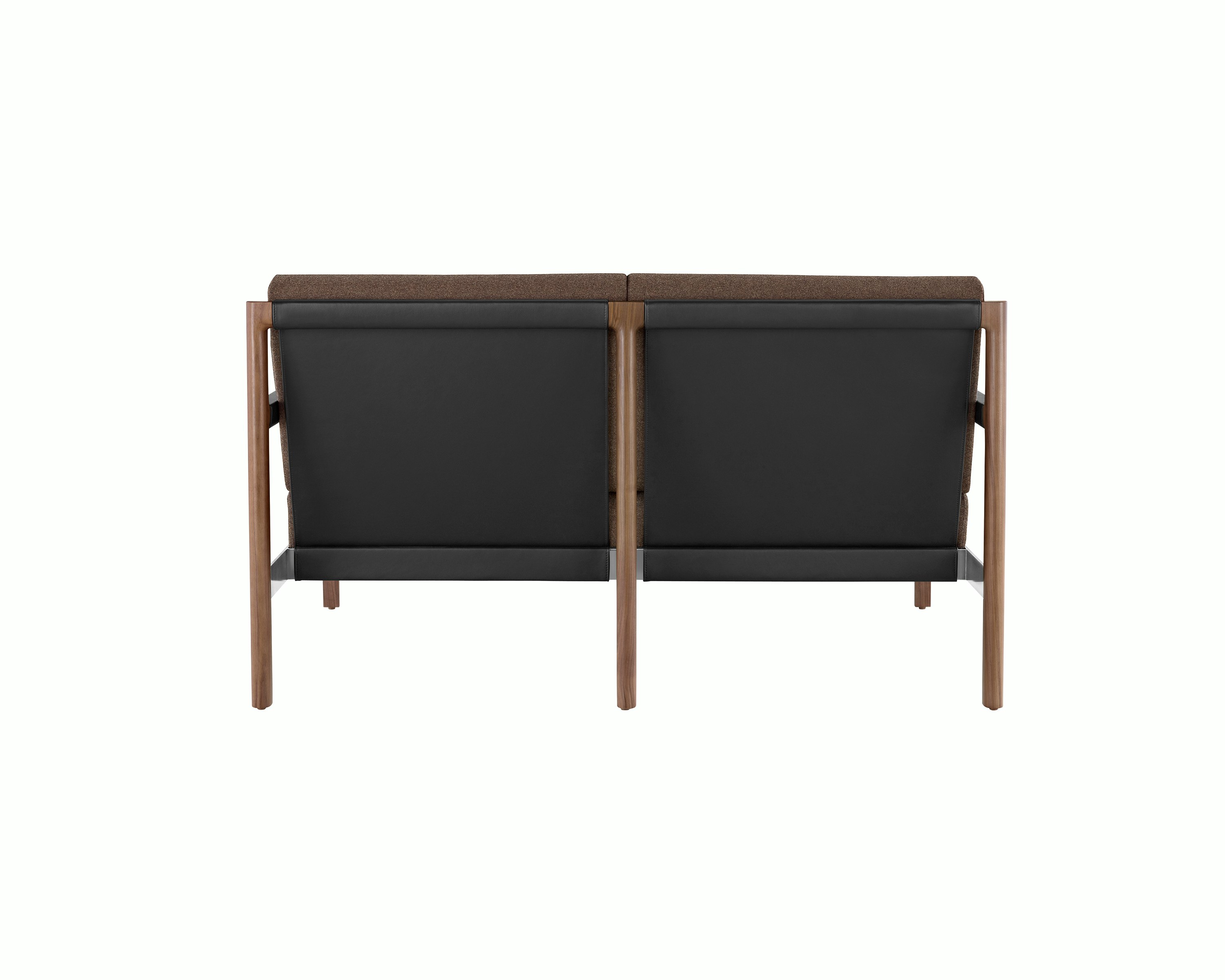 A Brabo Settee with dark upholstery, leather and metal accents, and an exposed wood frame. Viewed from the back.