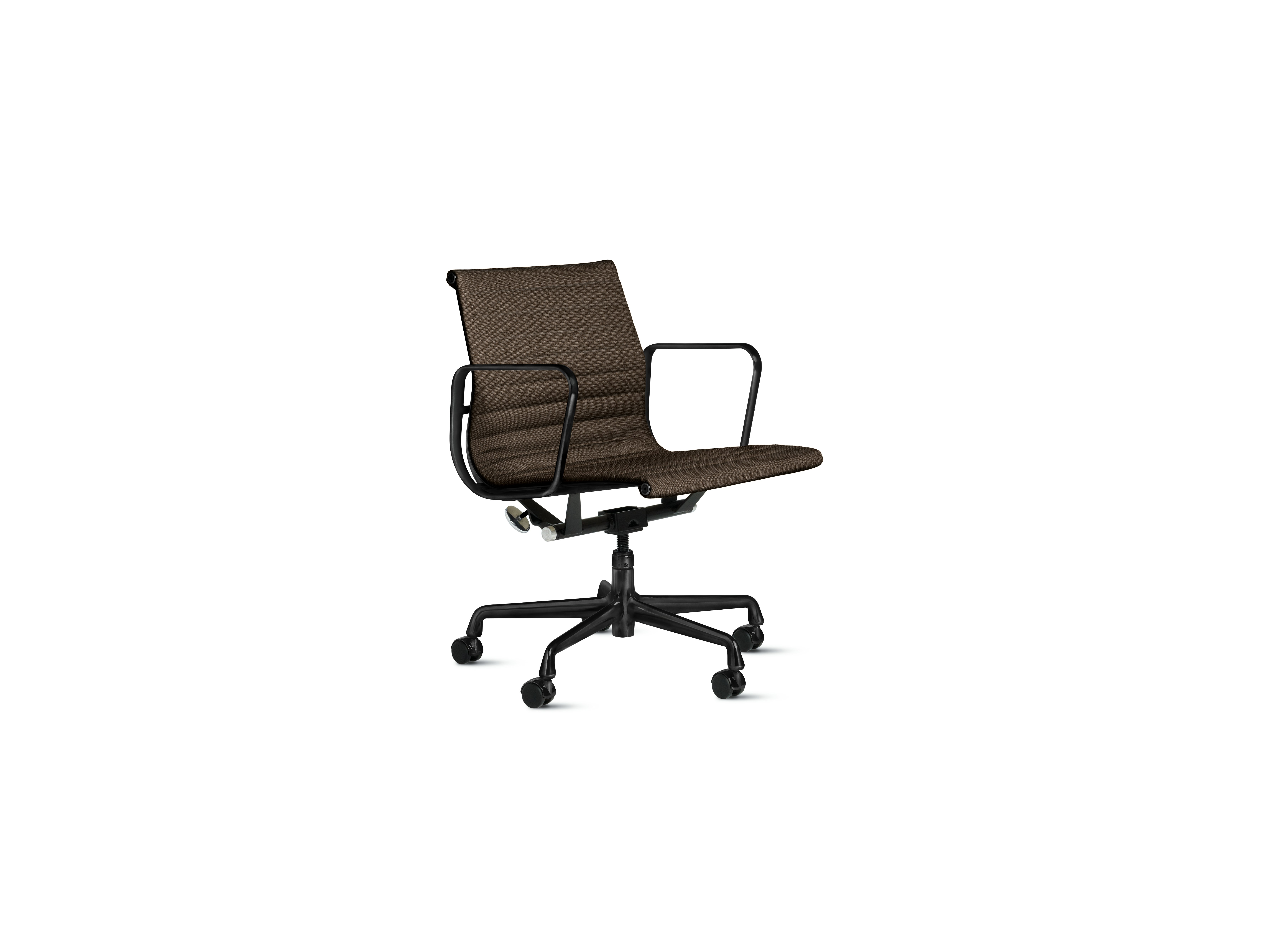 A Eames Aluminum Group Chairs in espresso and black viewed from an angle.
