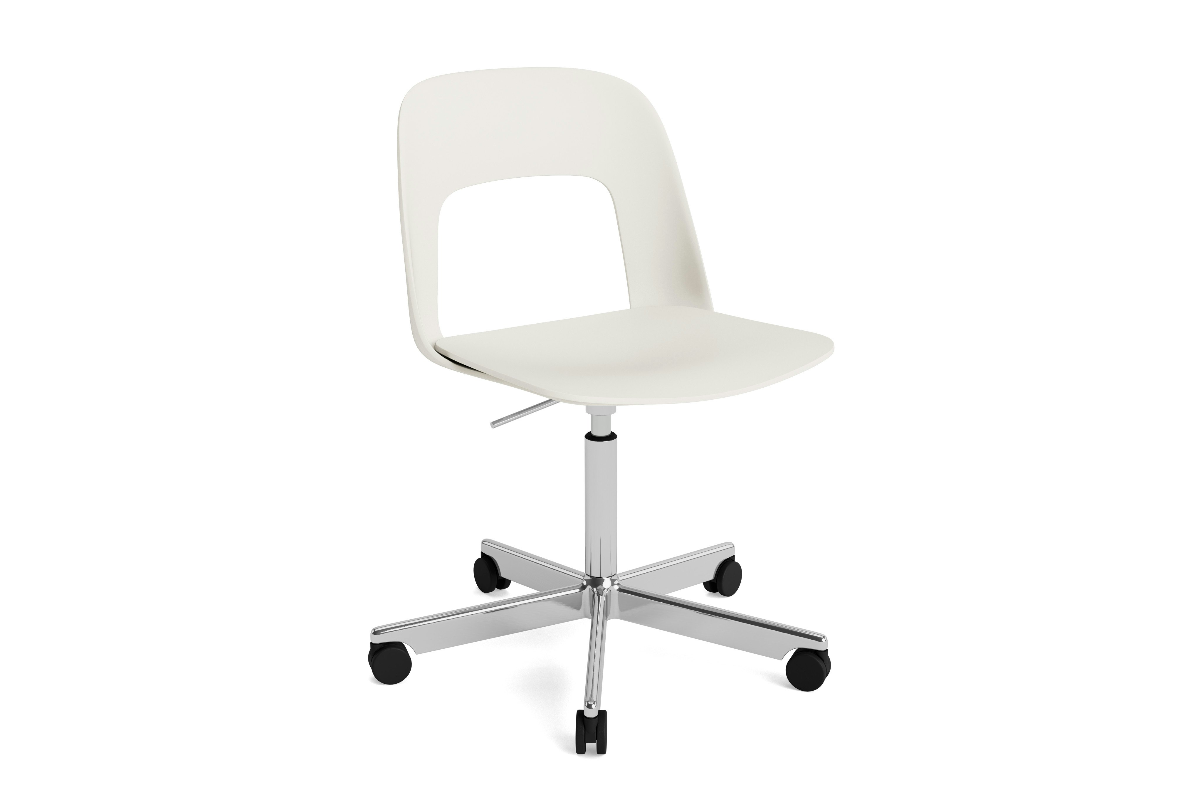 Layout Chair cream polypropylene shell and seat on polished aluminum 5-star base with casters, front angled view