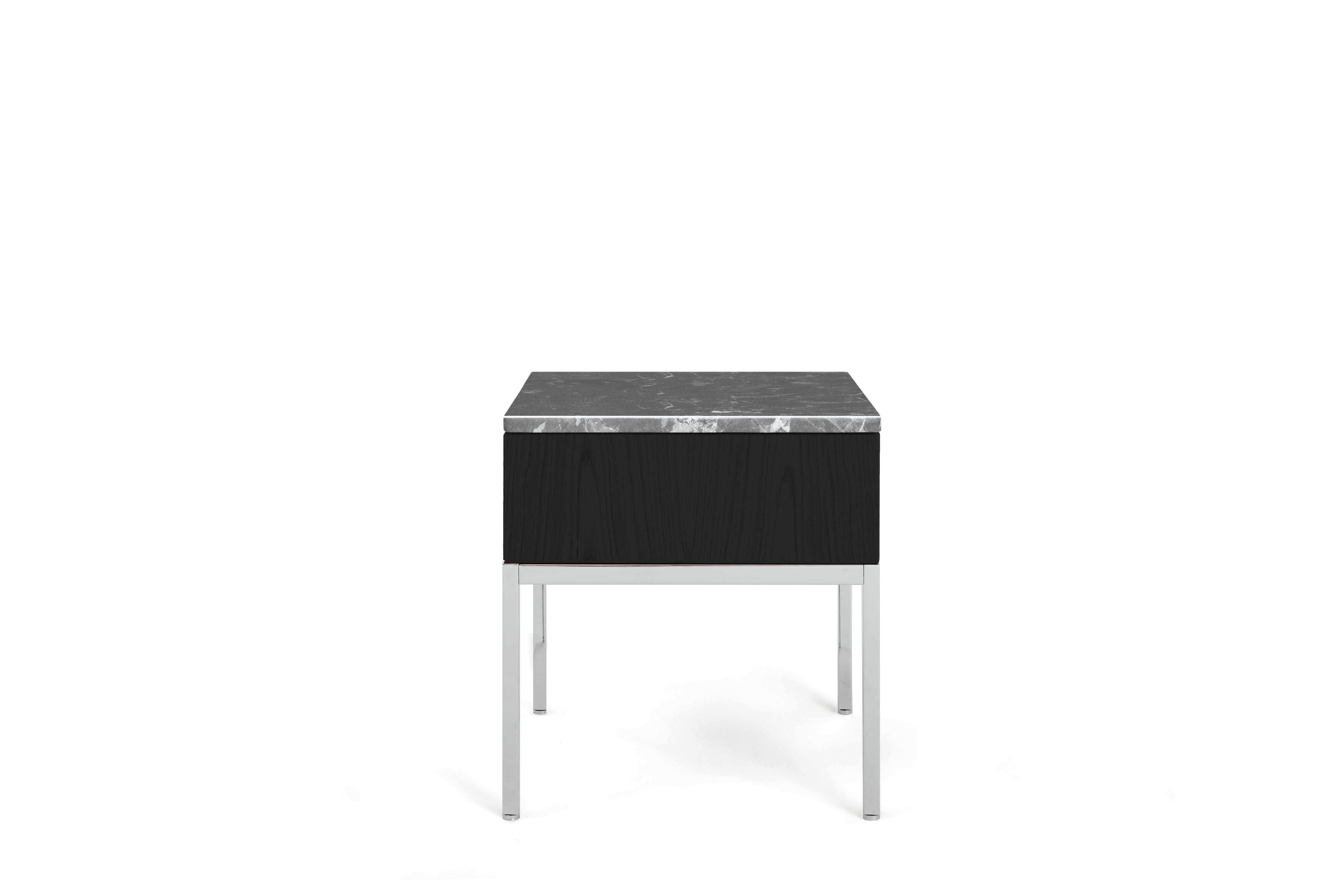 A Knoll Chermayeff Side Table in Ebony, Grey Marble Polished Coated Marble viewed from the front.