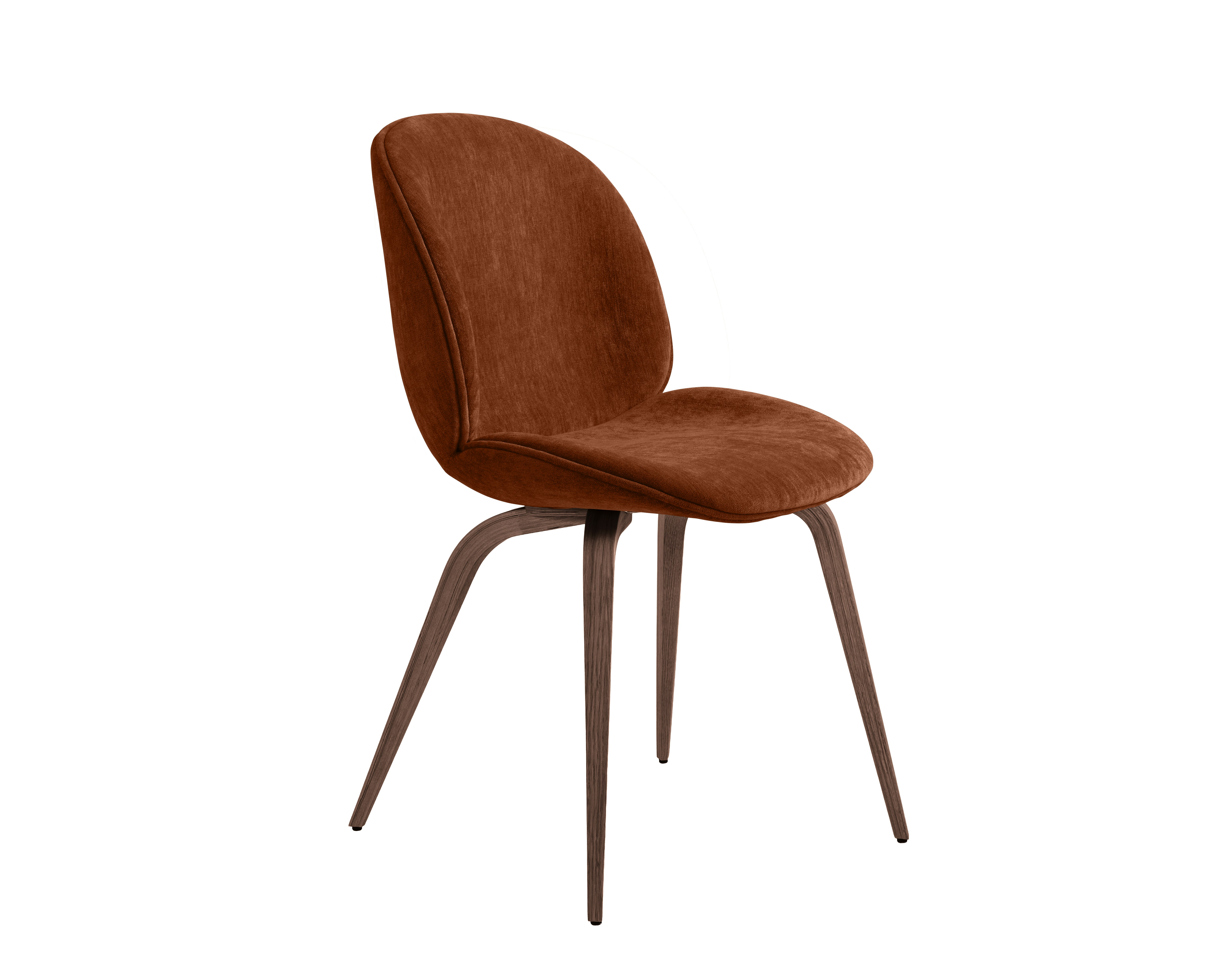 A Beetle Side Chair in rust, walnut viewed from an angle.