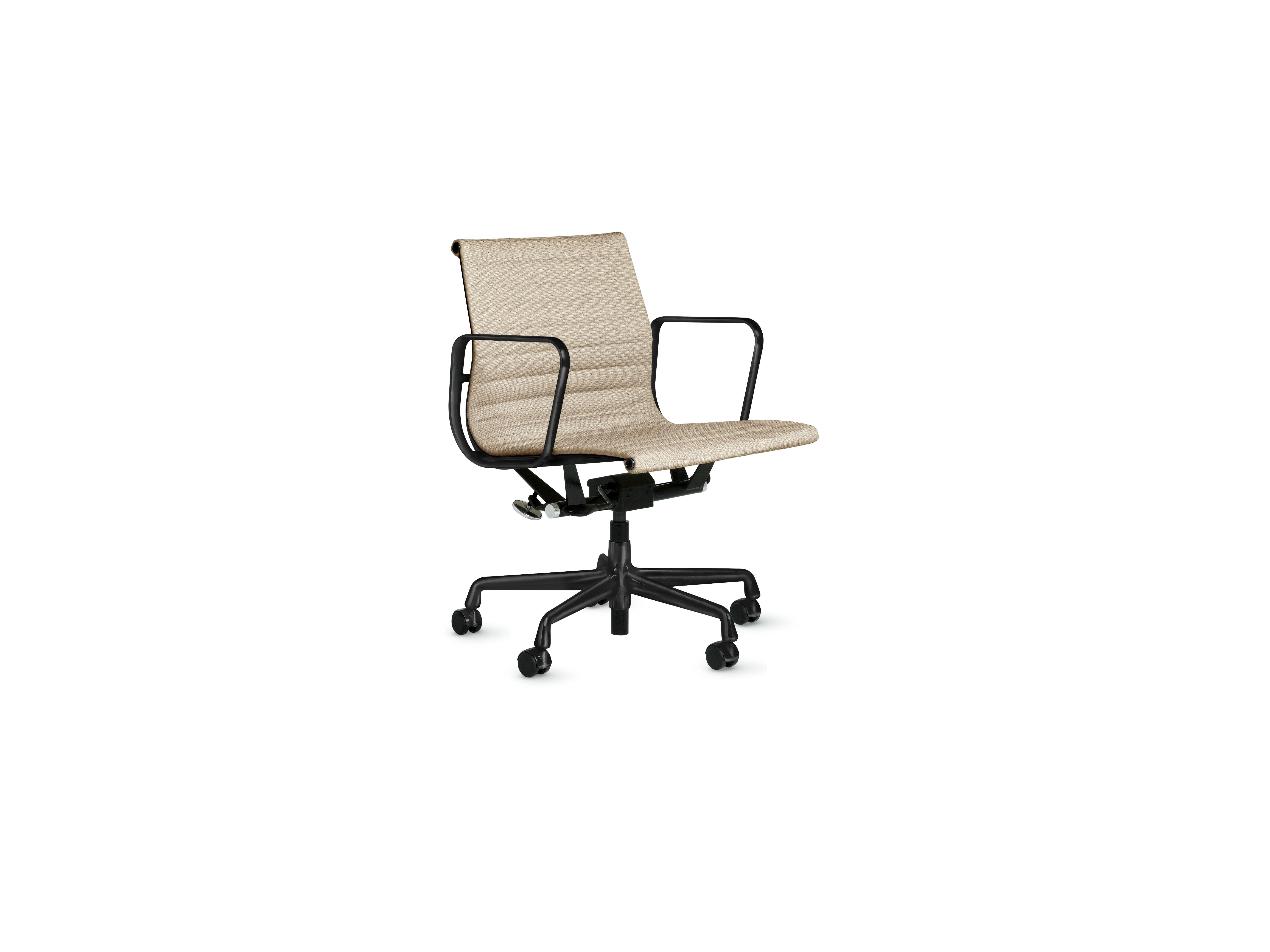 A Eames Aluminum Group Chairs in gentle and black viewed from an angle.