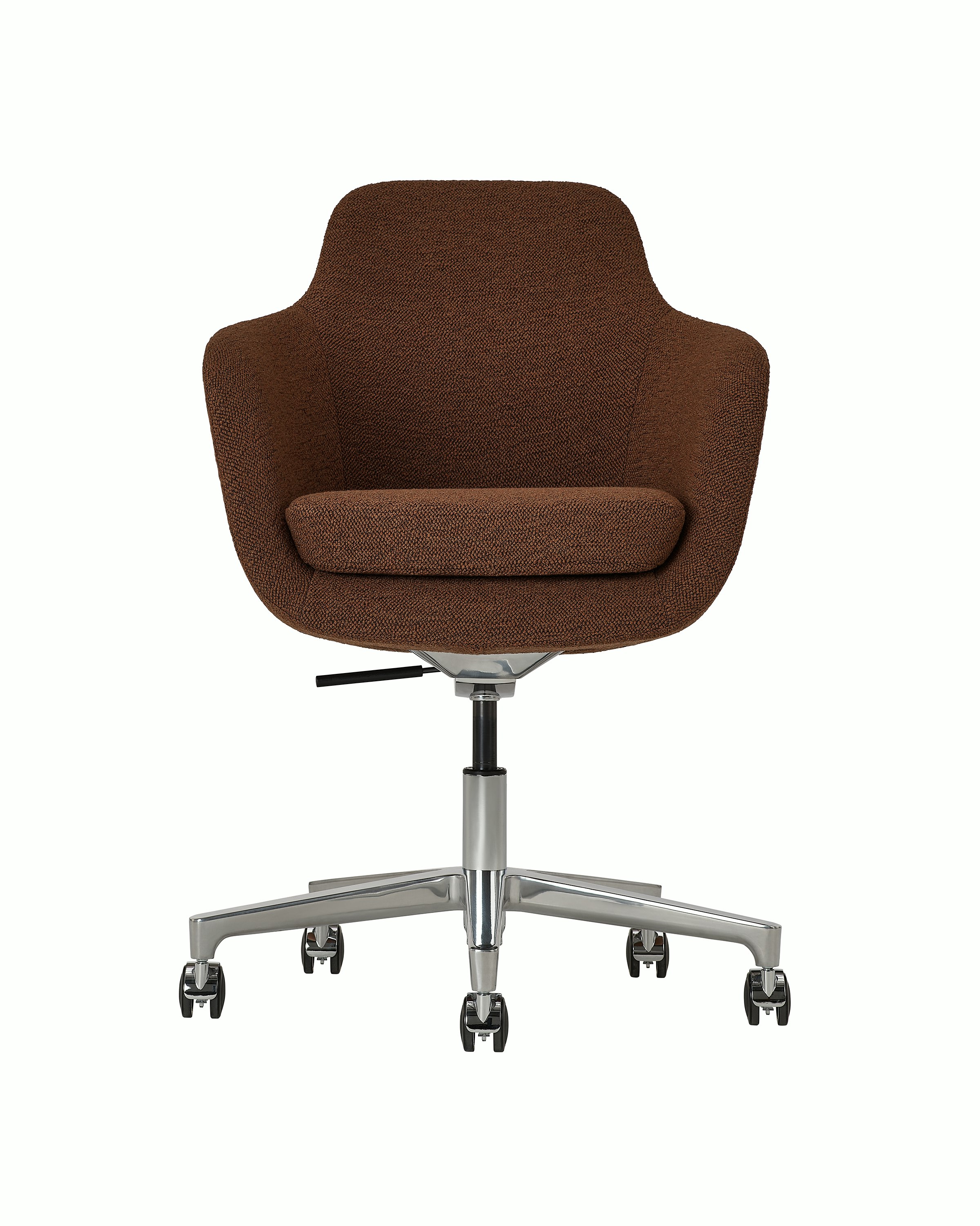 Saiba Mid Back Conference Chair designed by Naoto Fukasawa upholstered in Hearth in Coffeehouse with a polished aluminum base, shown front-facing on a white sweep.