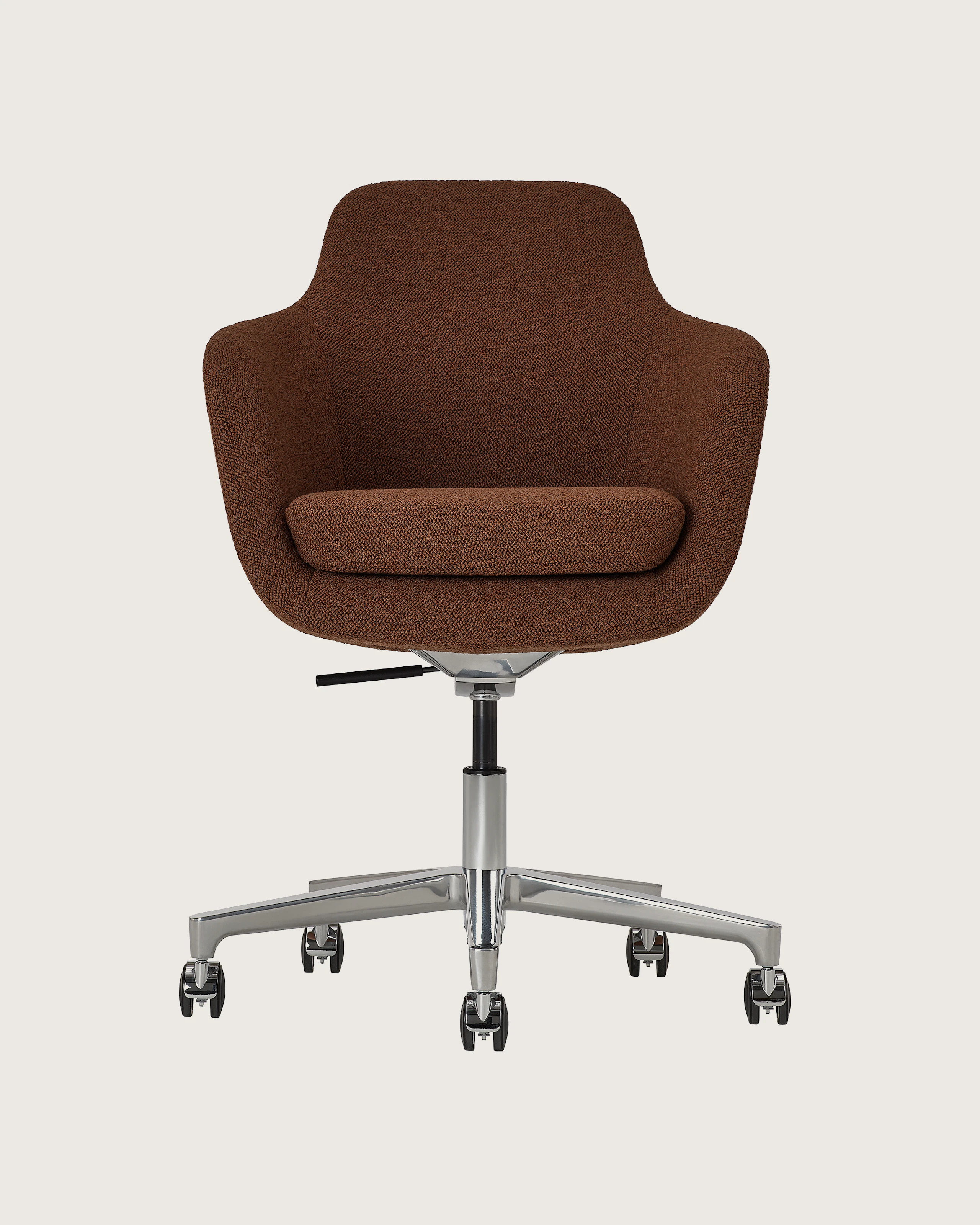 Saiba Mid Back Conference Chair designed by Naoto Fukasawa upholstered in Hearth in Coffeehouse with a polished aluminum base, shown front-facing on a white sweep.