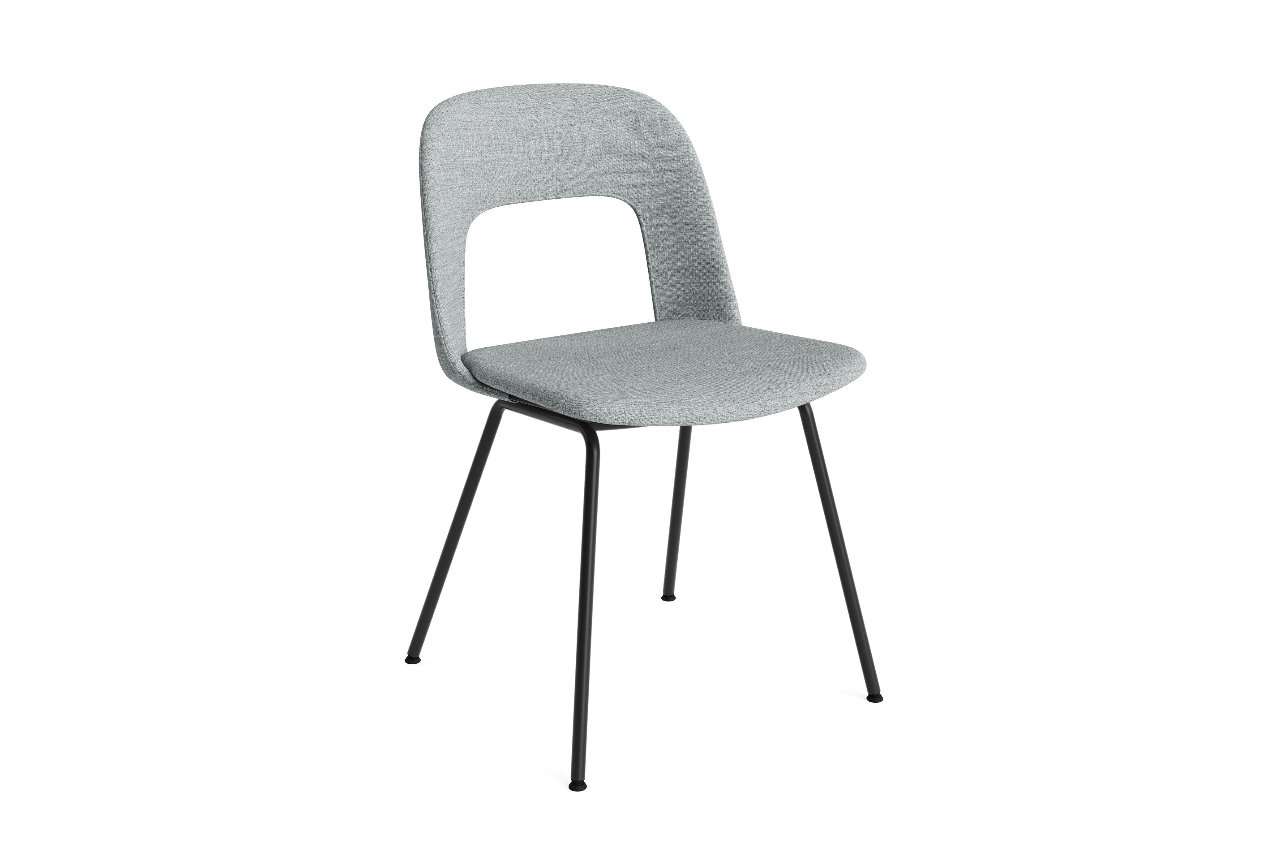 Layout Chair fully upholstered grey on black steel 4-leg, front angled view