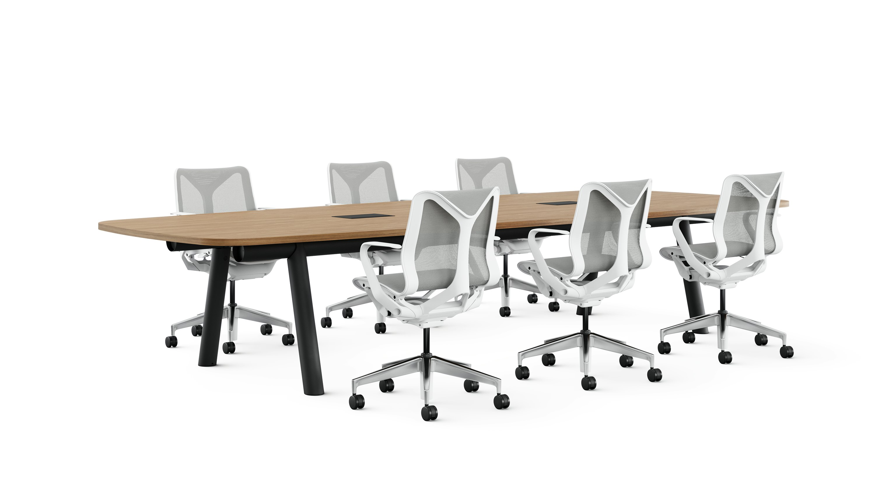 Boa Table with black trestle base, matte walnut tapered-shape top, black power access, with six white Cosm chairs.