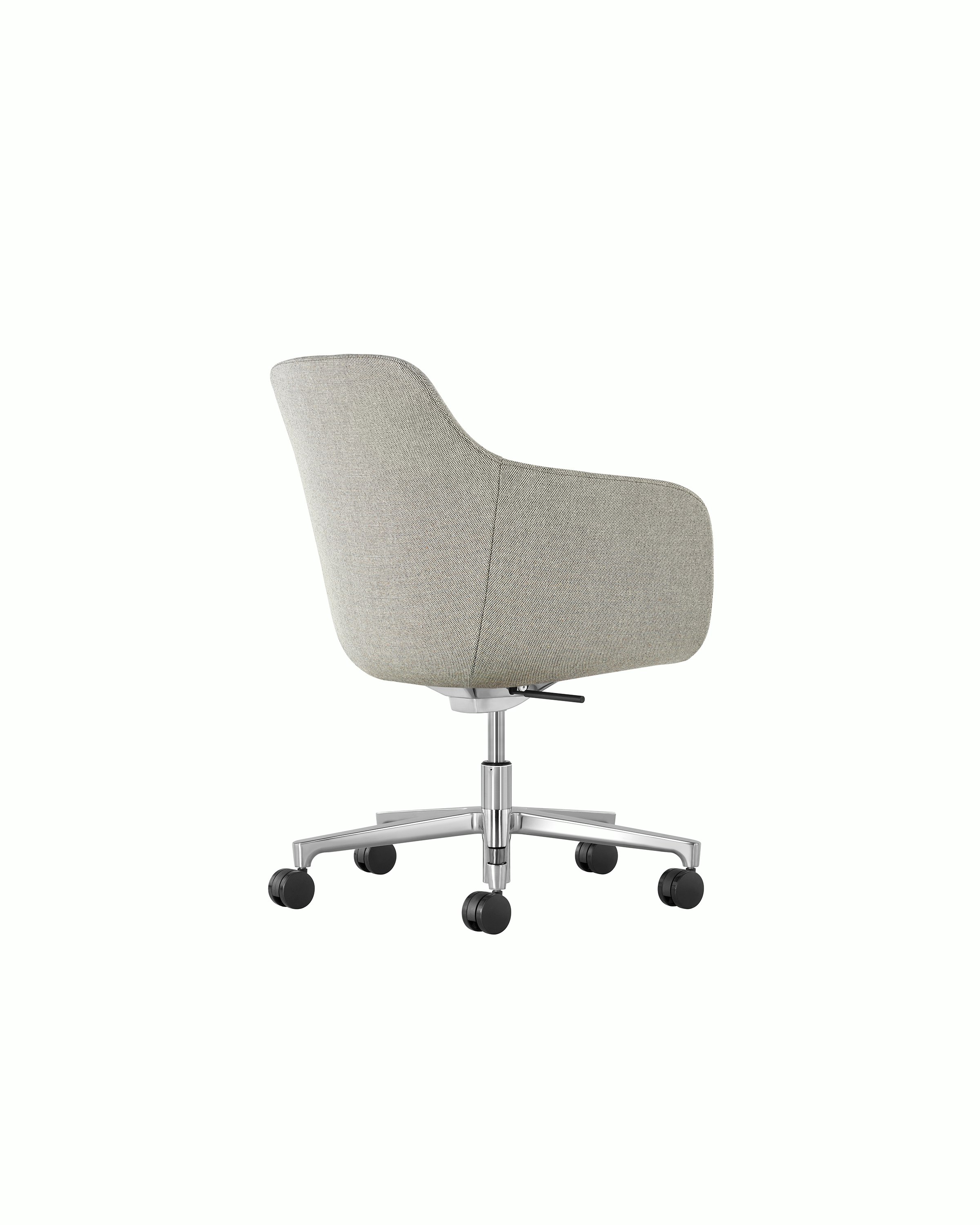 A Saiba Chair with casters, viewed from the back at an angle.
