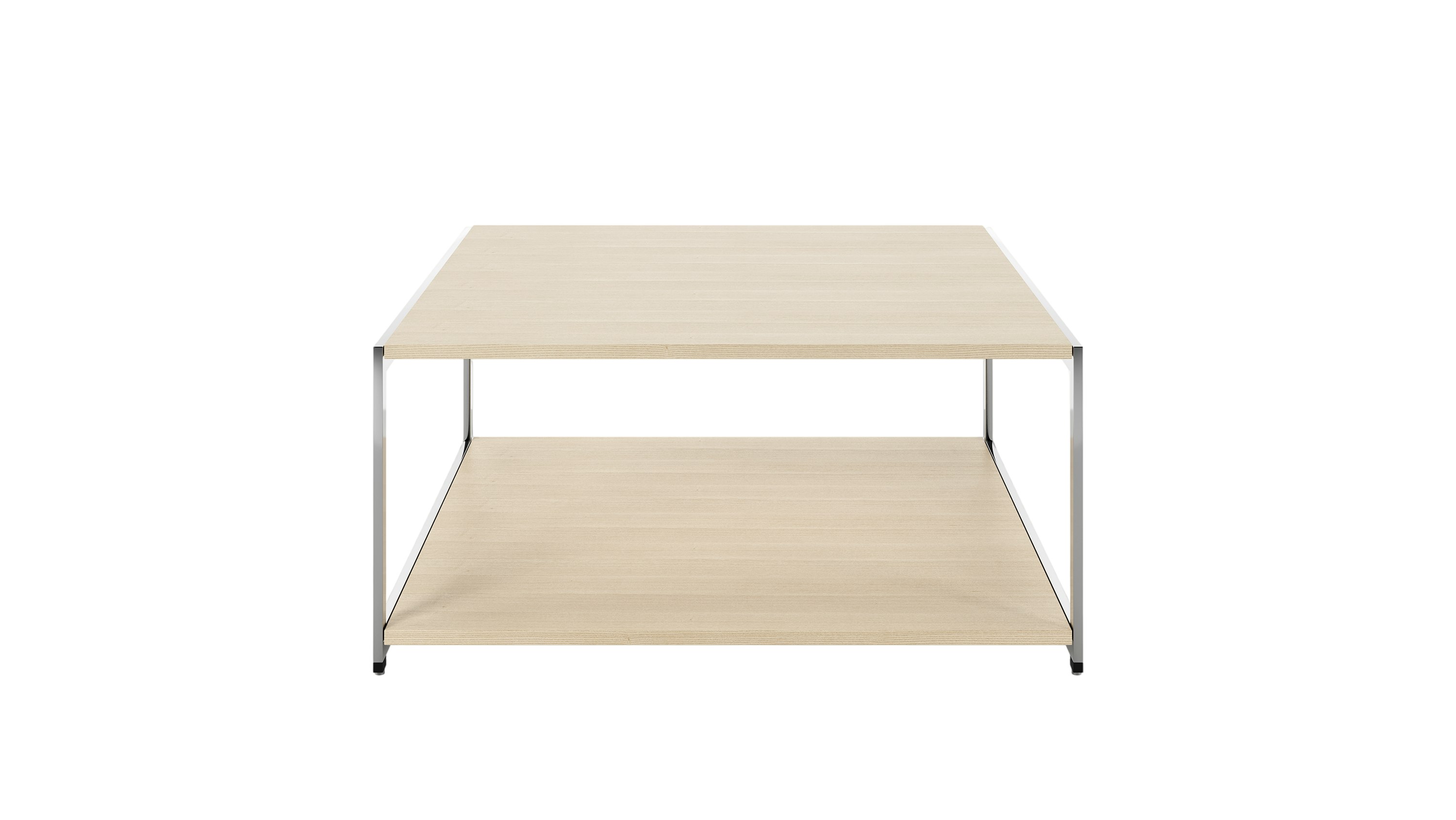 H Frame Coffee Table in white ash with a chrome frame and base viewed from the front.