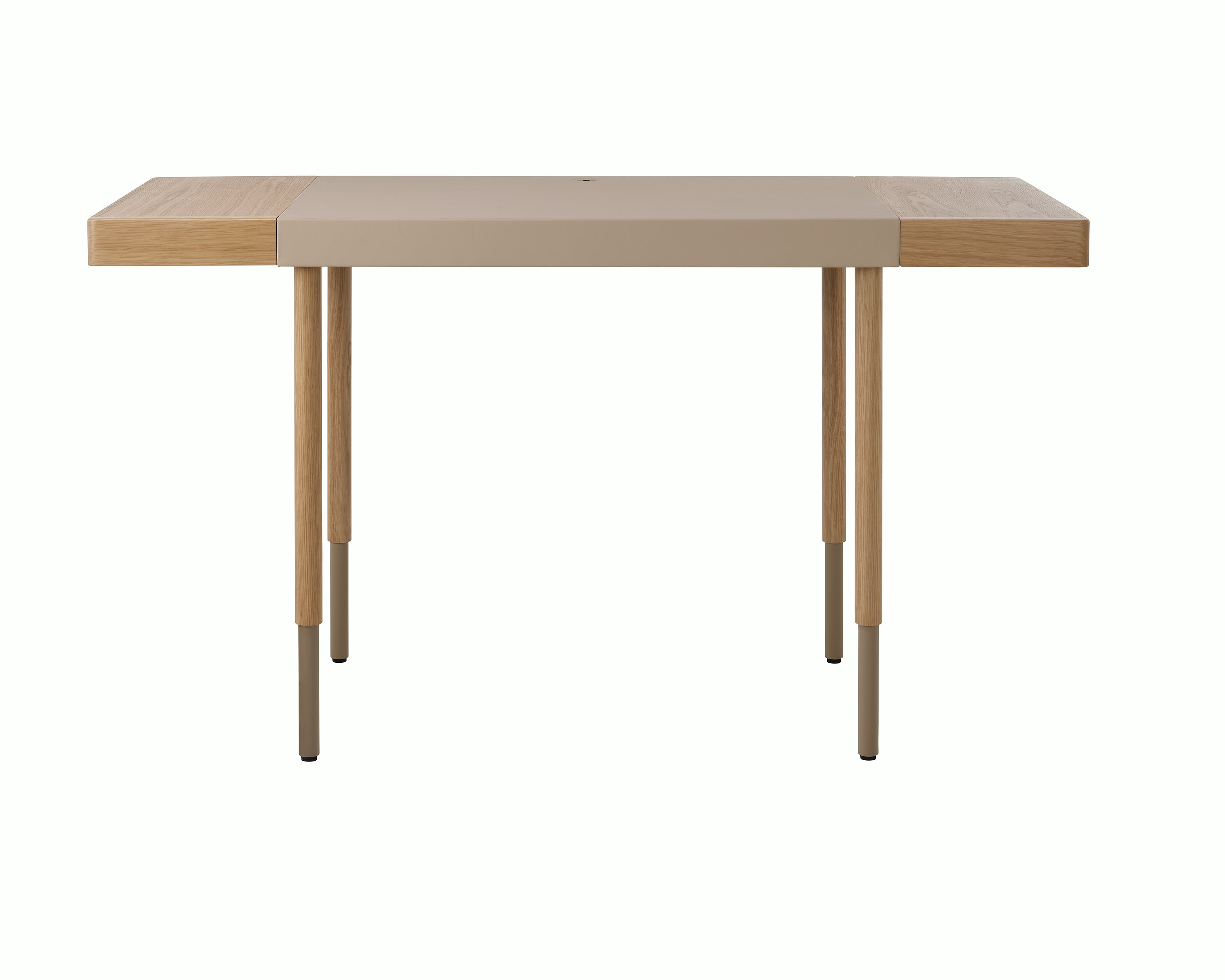 New Canaan Leatherwrap Sit-to-Stand Desk in Oak and Champagne Leather, two drawers, partially raised, front view.