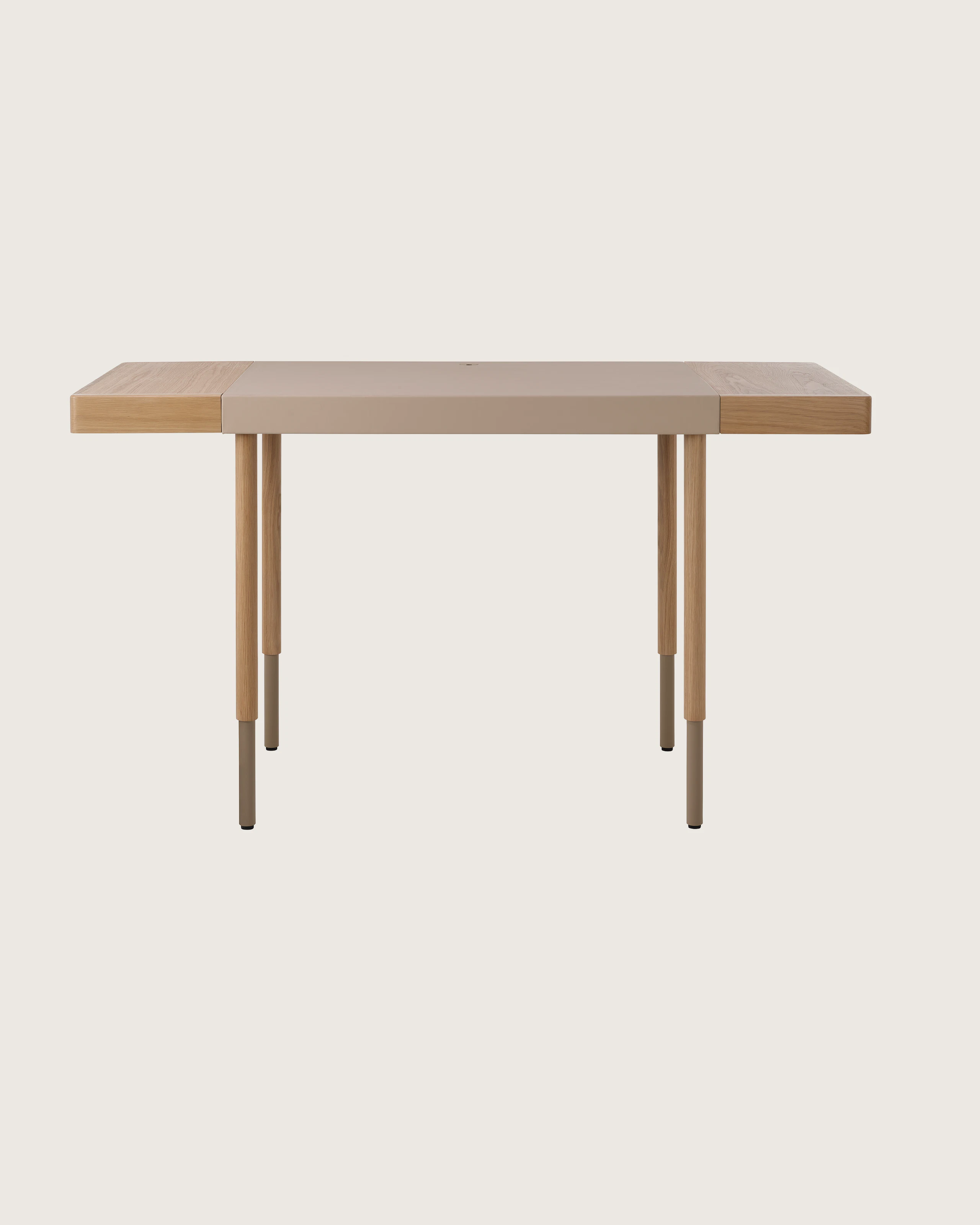 New Canaan Leatherwrap Sit-to-Stand Desk in Oak and Champagne Leather, two drawers, partially raised, front view.