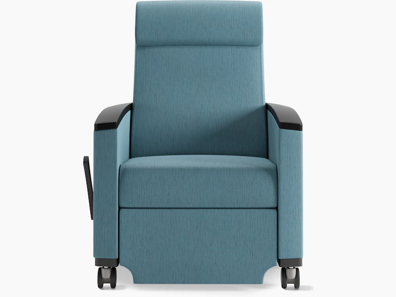 Consoul Recliner, front, in blue with black caps