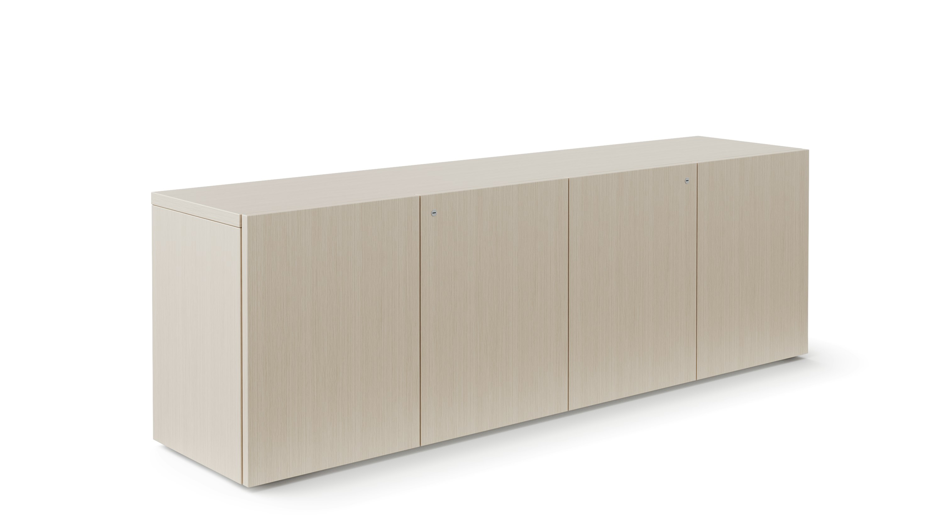 A credenza with four locking doors is shown in a light color veneer.