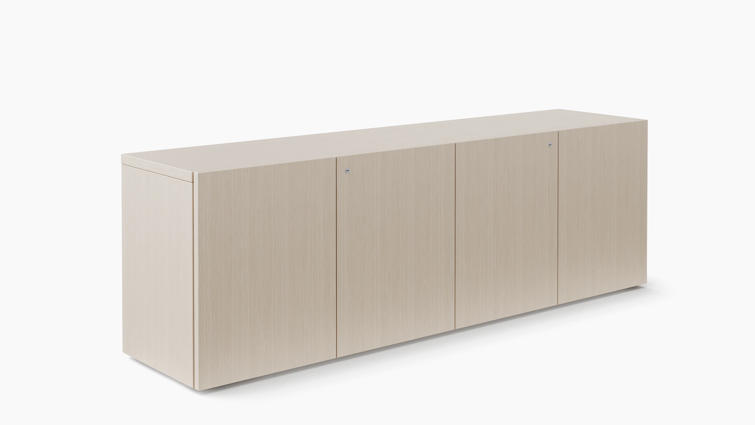 A credenza with four locking doors is shown in a light color veneer.