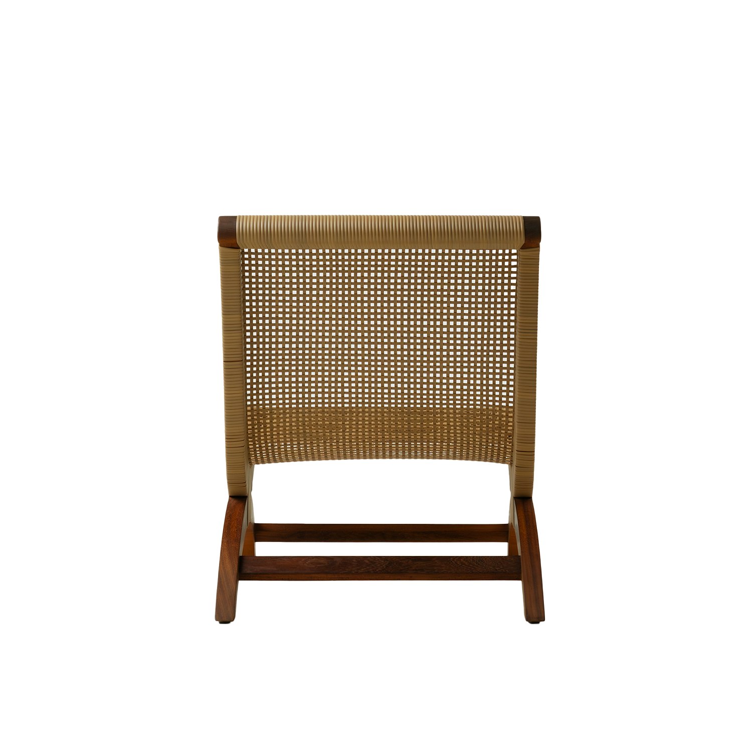 A Butaque Clasica Outdoor Lounge Chair in iroko all weather cane viewed from behind.
