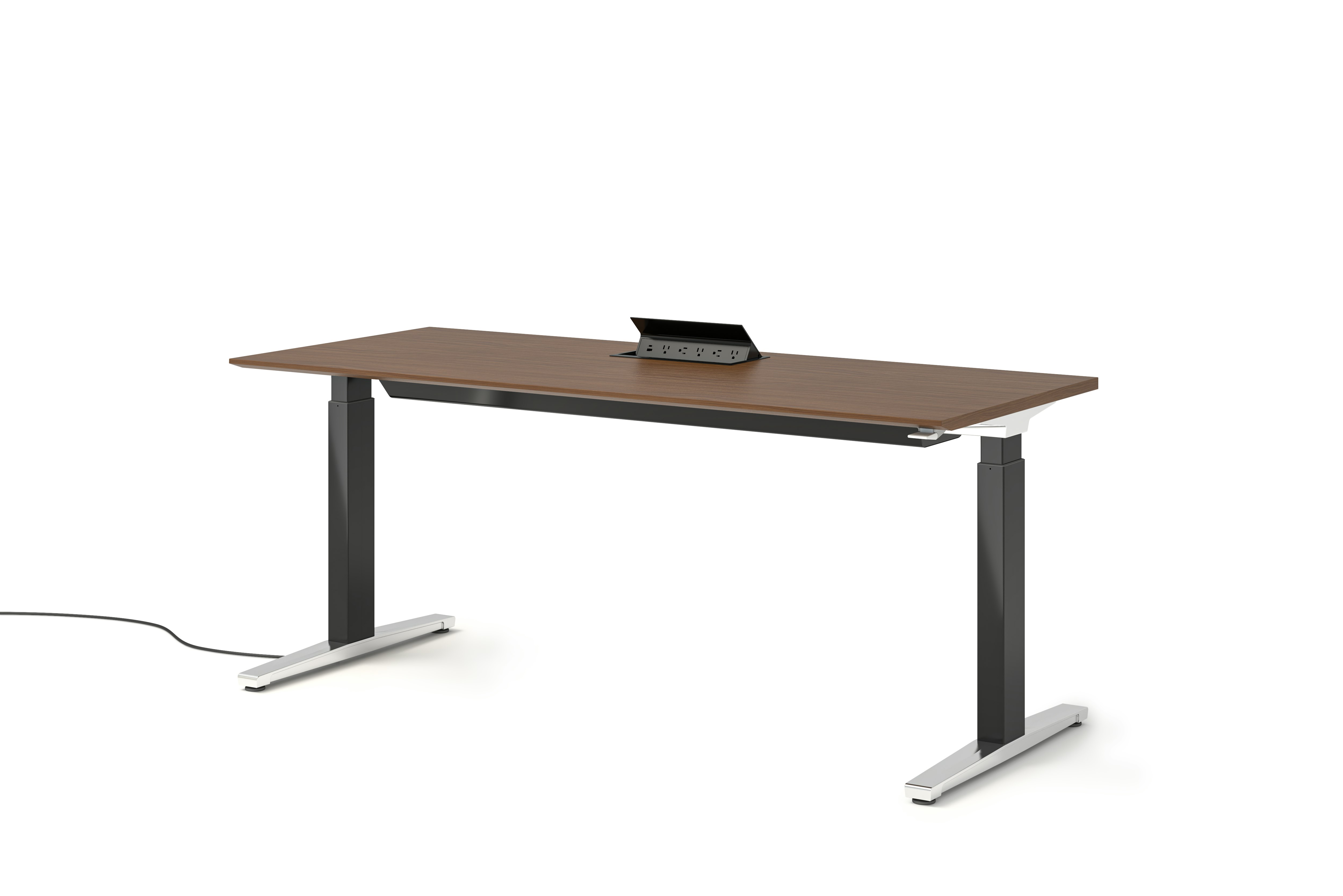 Renew S2S Embedded Power Desk - Standard,  29 x 70,  Veneer Walnut,  Graphite Satin / Polished Aluminum,  Integrated Cord Management,  Hidden Power,  Standard,  T Leg