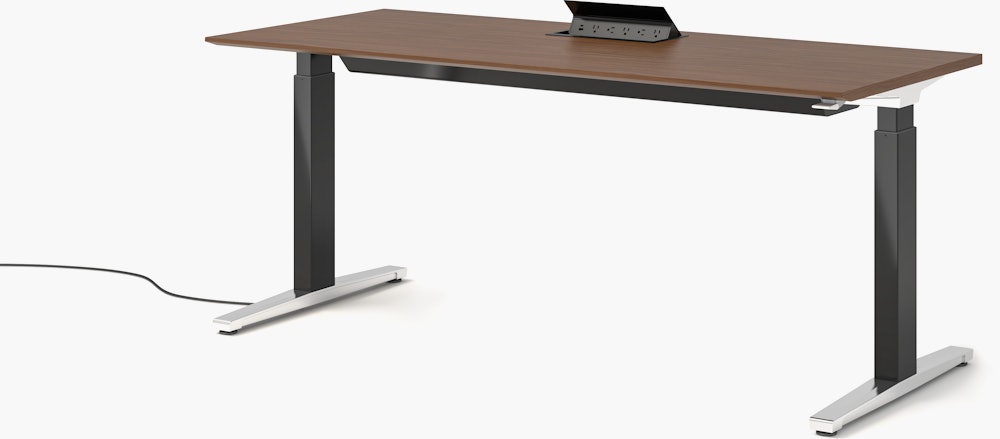 Renew S2S Embedded Power Desk - Standard,  29 x 70,  Veneer Walnut,  Graphite Satin / Polished Aluminum,  Integrated Cord Management,  Hidden Power,  Standard,  T Leg