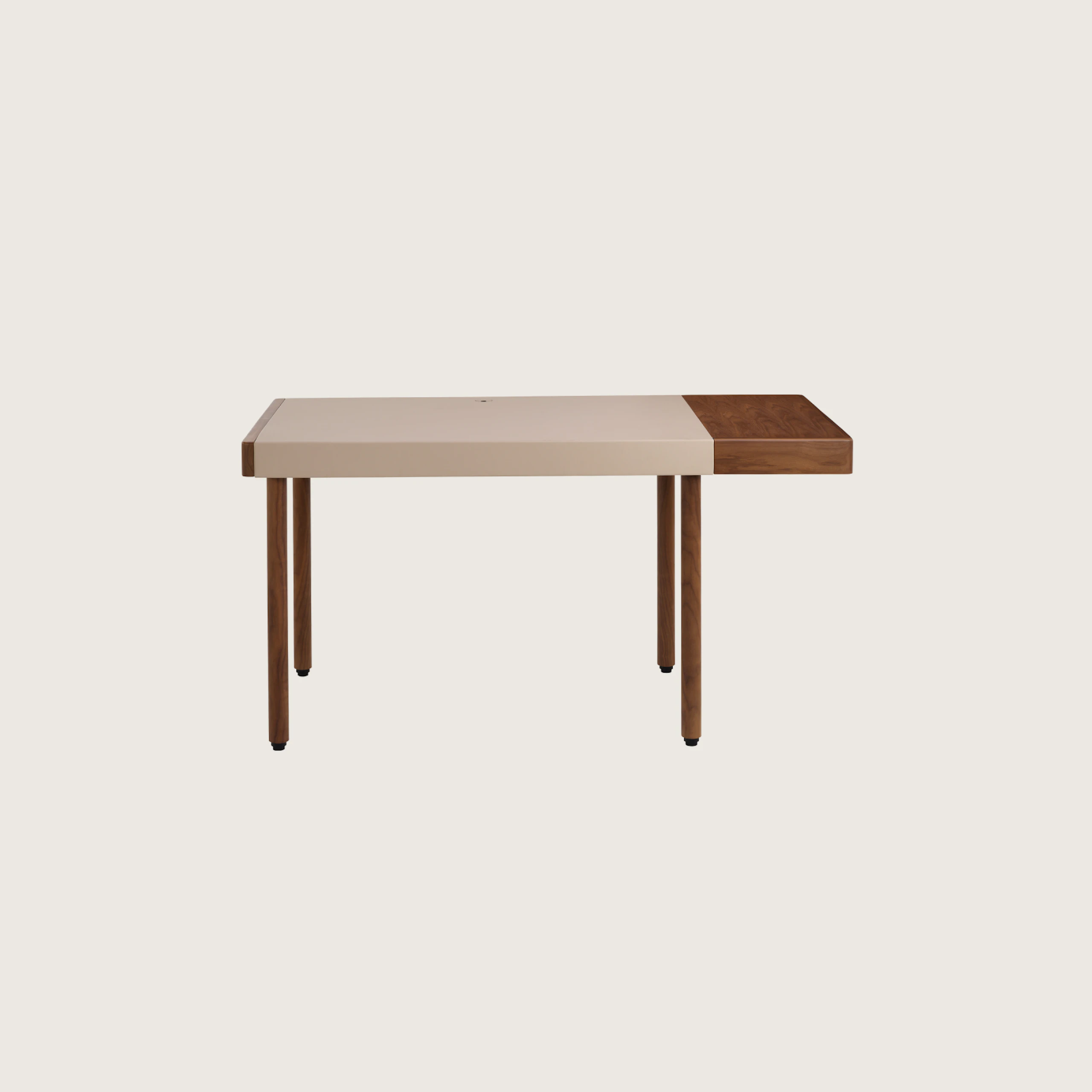 New Canaan Leatherwrap Sit-to-Stand Desk in Walnut and Champagne Leather, one drawer on left side, front view.
