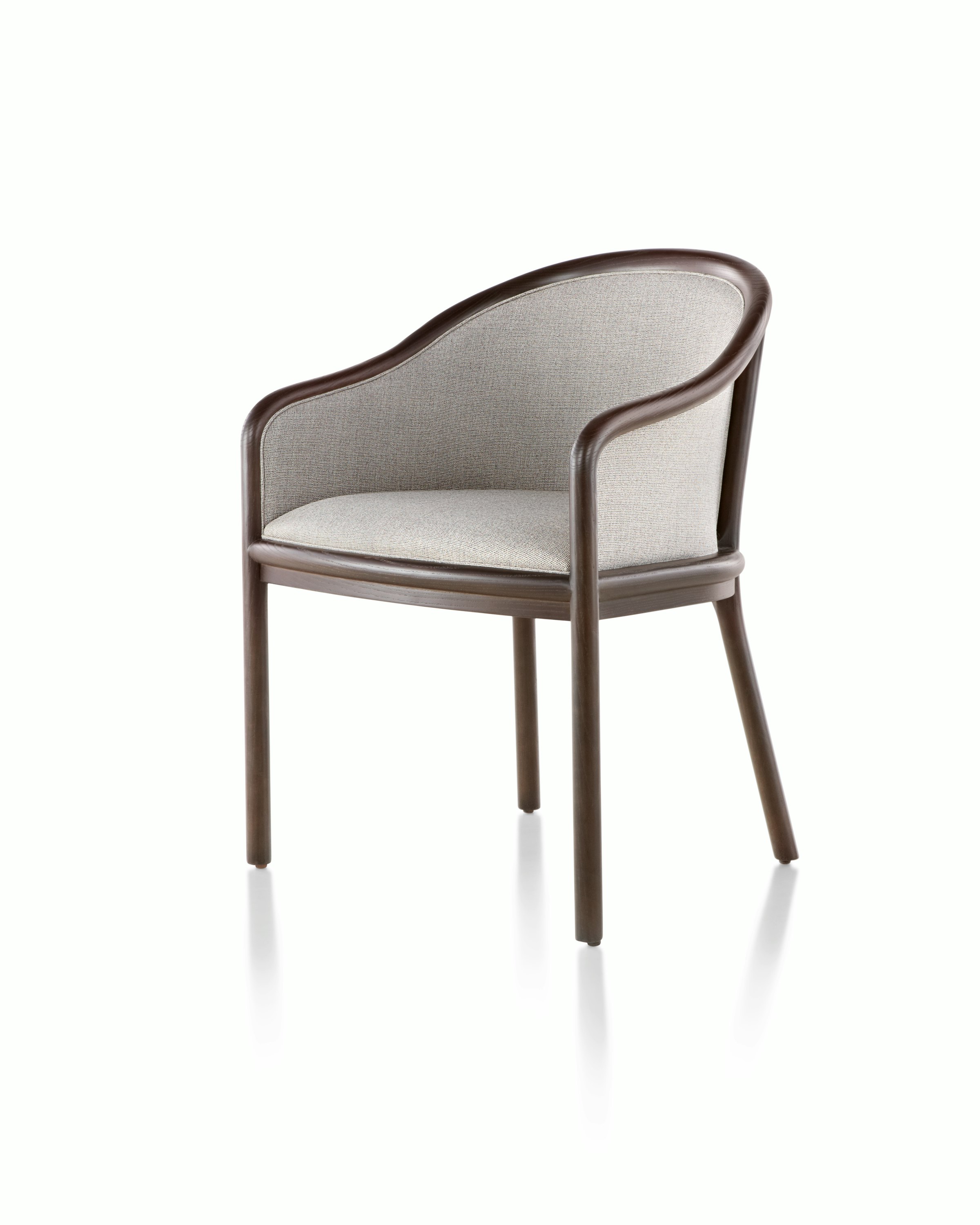 Angled view of a Landmark side chair with light gray French upholstery, a dark wood frame, and standard-height arms.