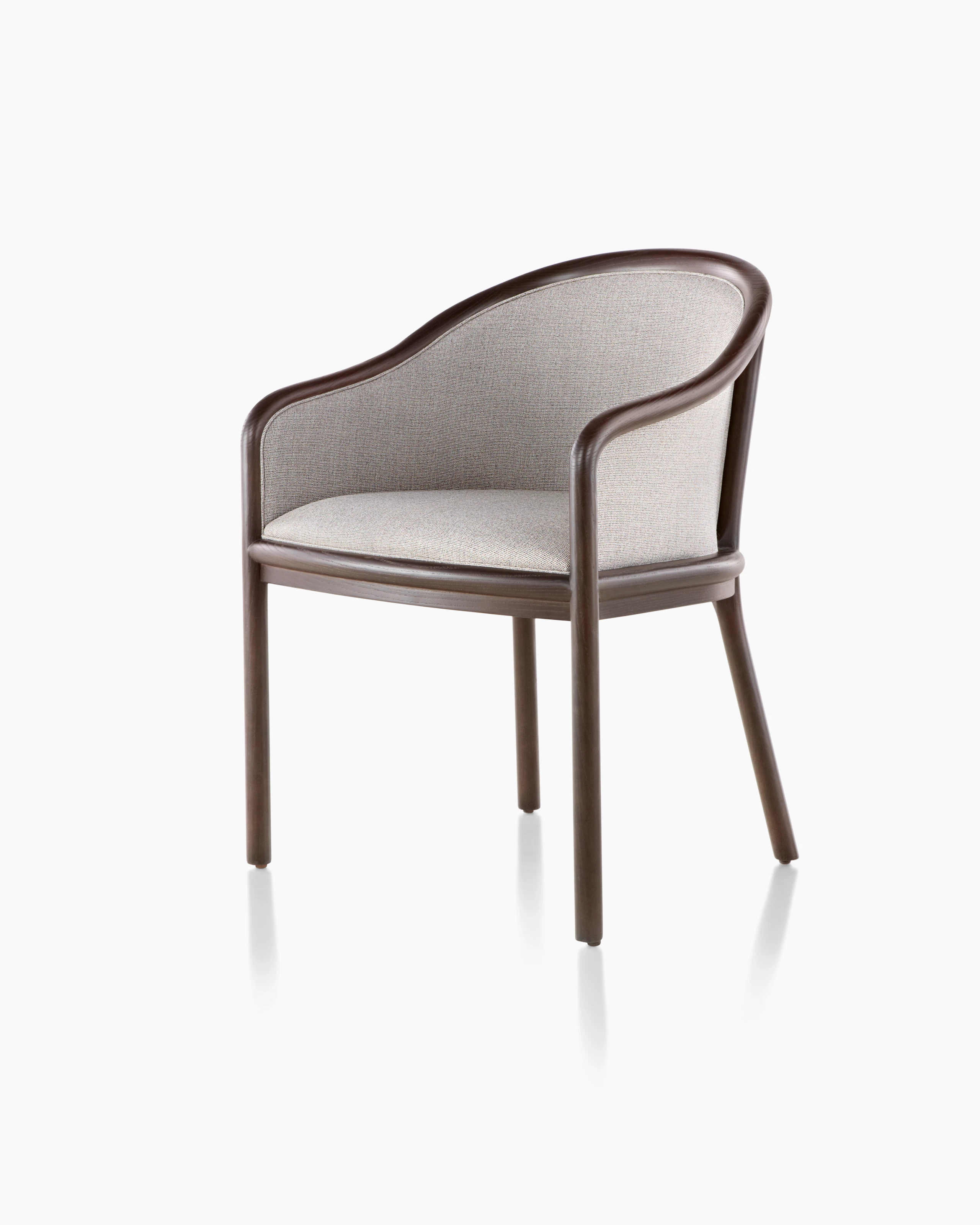 Angled view of a Landmark side chair with light gray French upholstery, a dark wood frame, and standard-height arms.