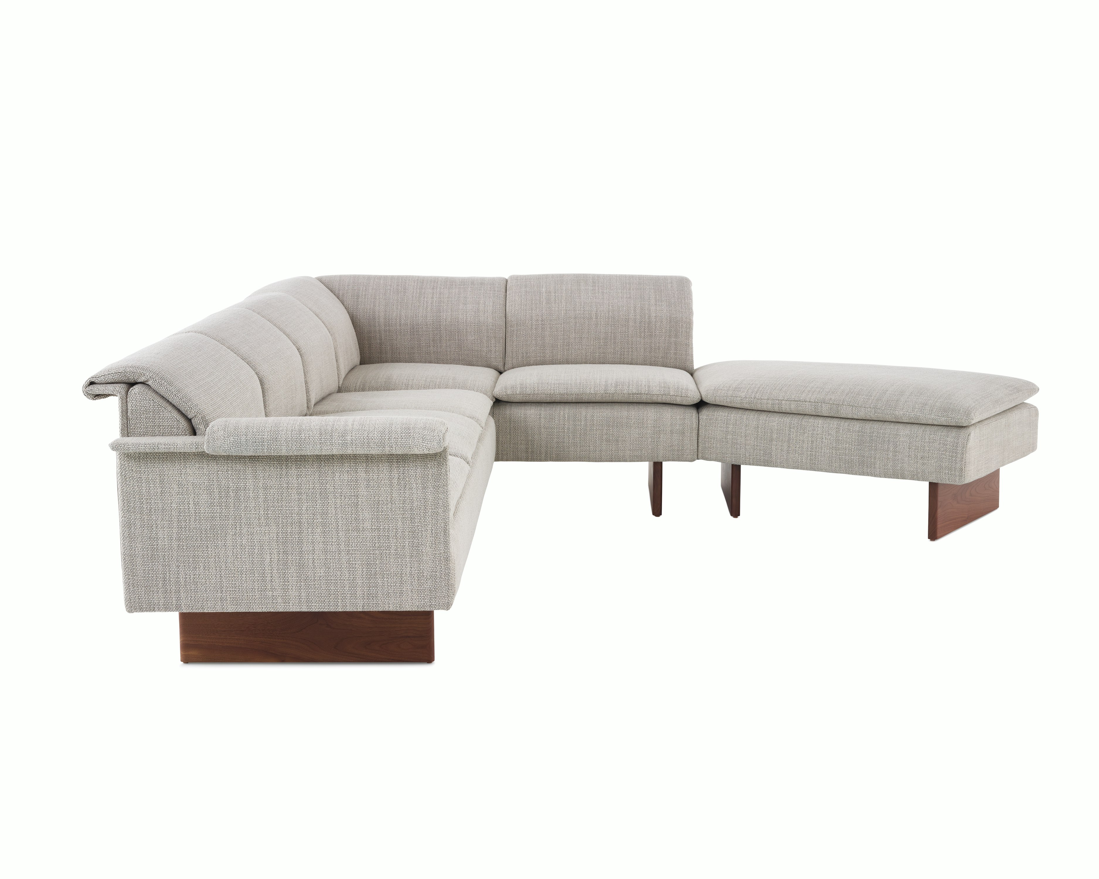 Mantle L-Shaped Sofa in Capri Stone with Walnut Wood Base, side view.