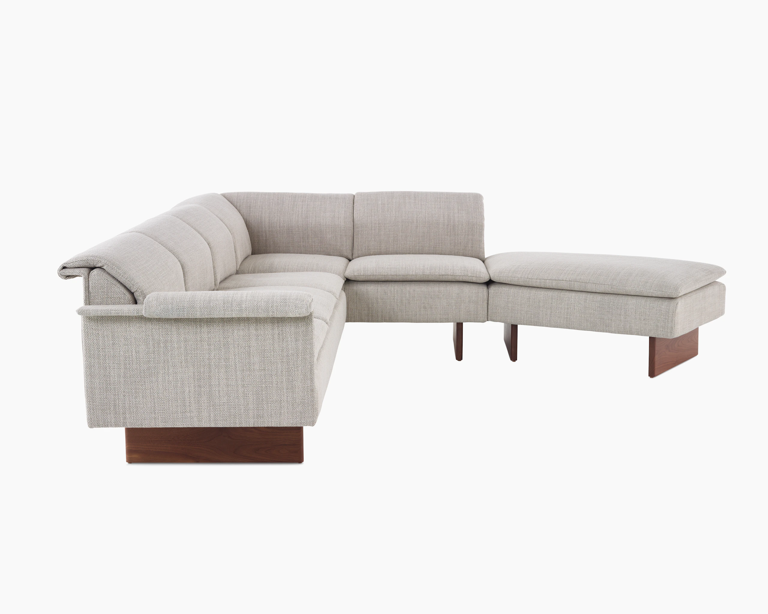 Mantle L-Shaped Sofa in Capri Stone with Walnut Wood Base, side view.