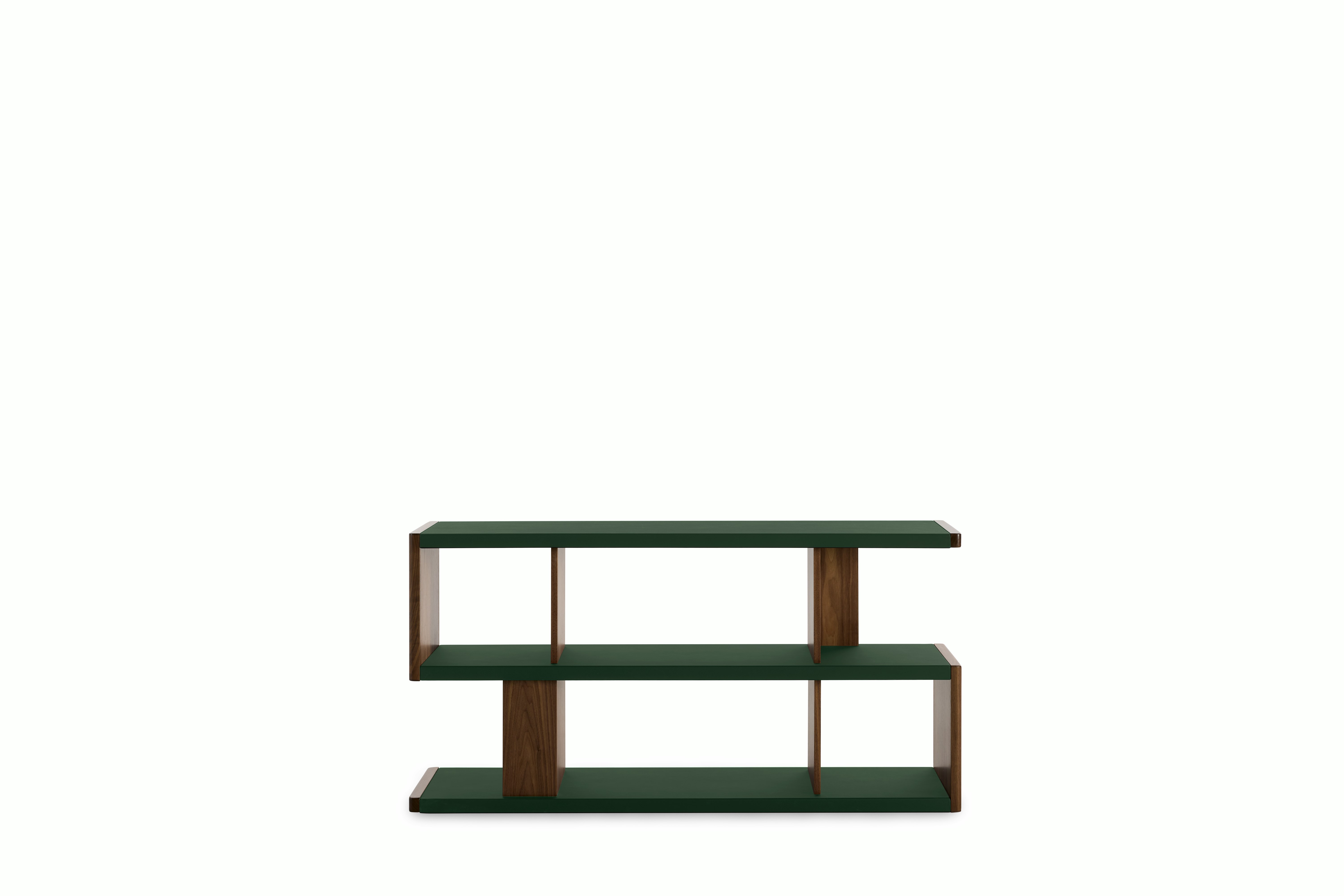 New Canaan Low Bookshelf - Walnut, Bristol Leather, British Green