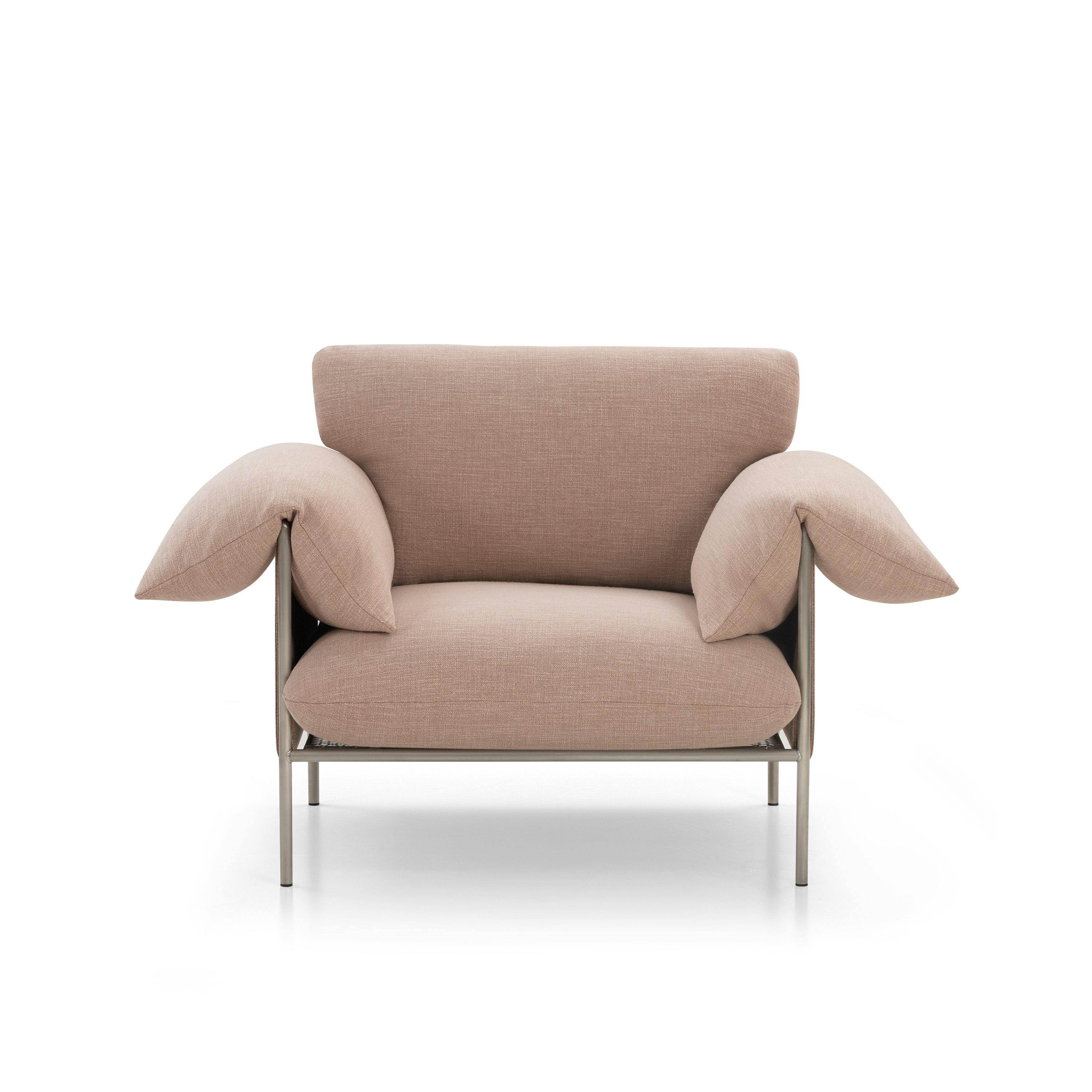 A Alva Chair in Byron Biscuit with a Brushed Steel finish viewed from the front