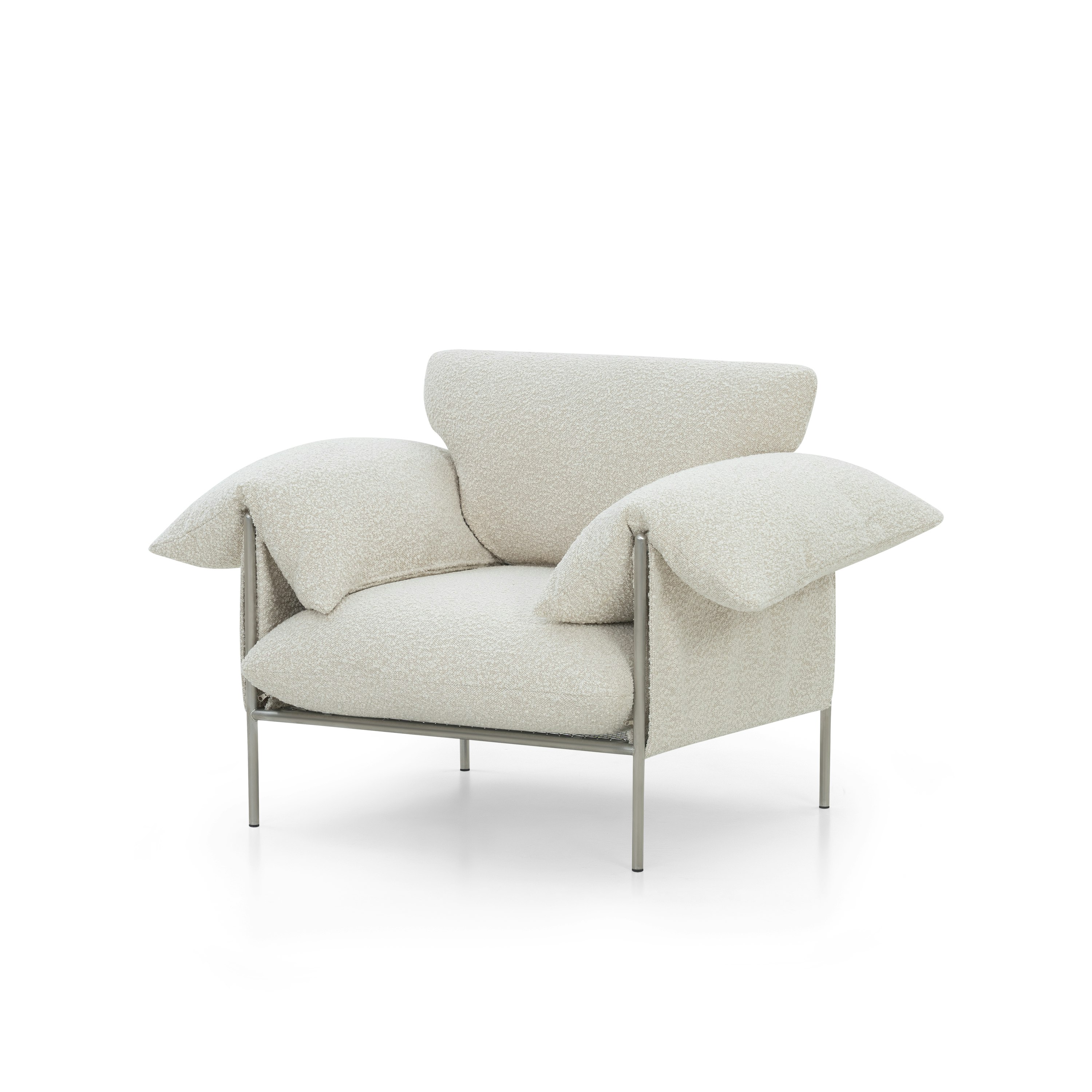 A Alva Chair in La Creme with a Brushed Steel finish viewed from an angle