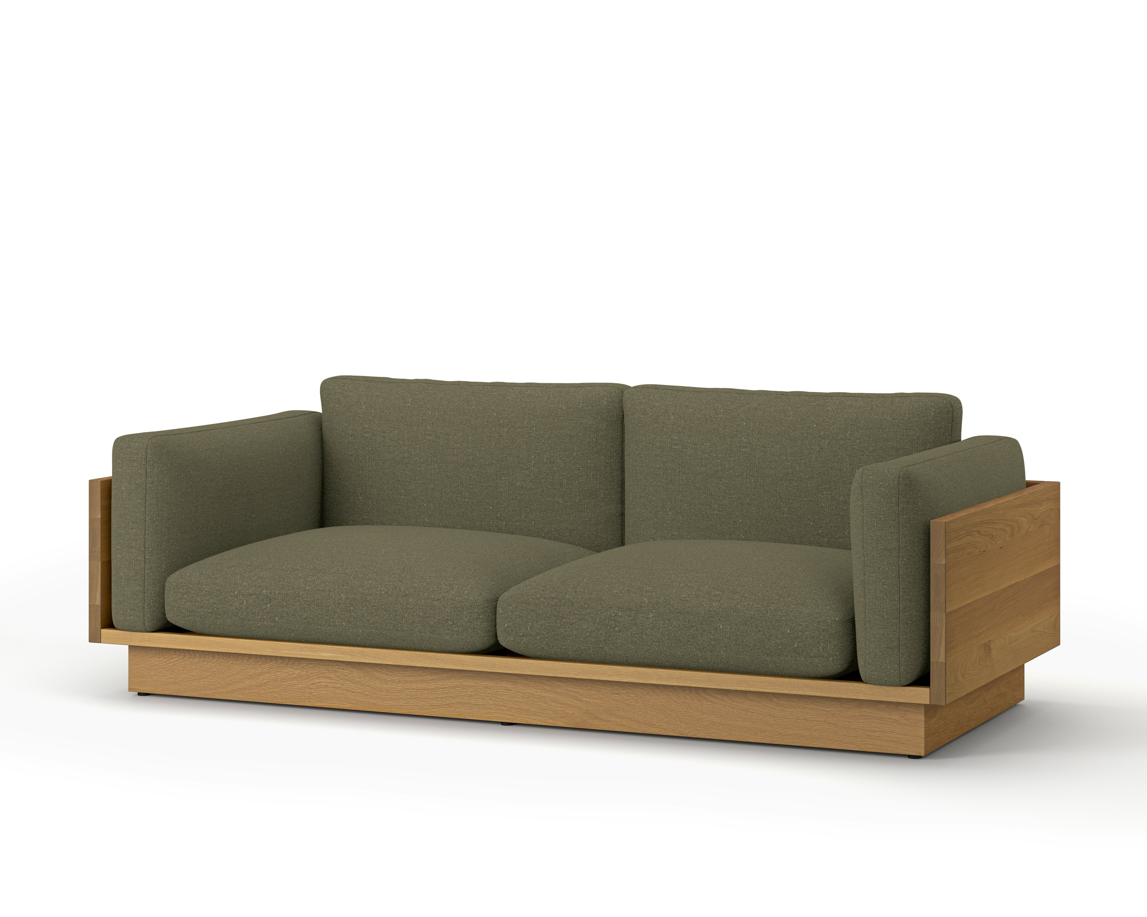 A Pawson Drift Sofa in Album Linen, Spruce, White Oak viewed from an angle.