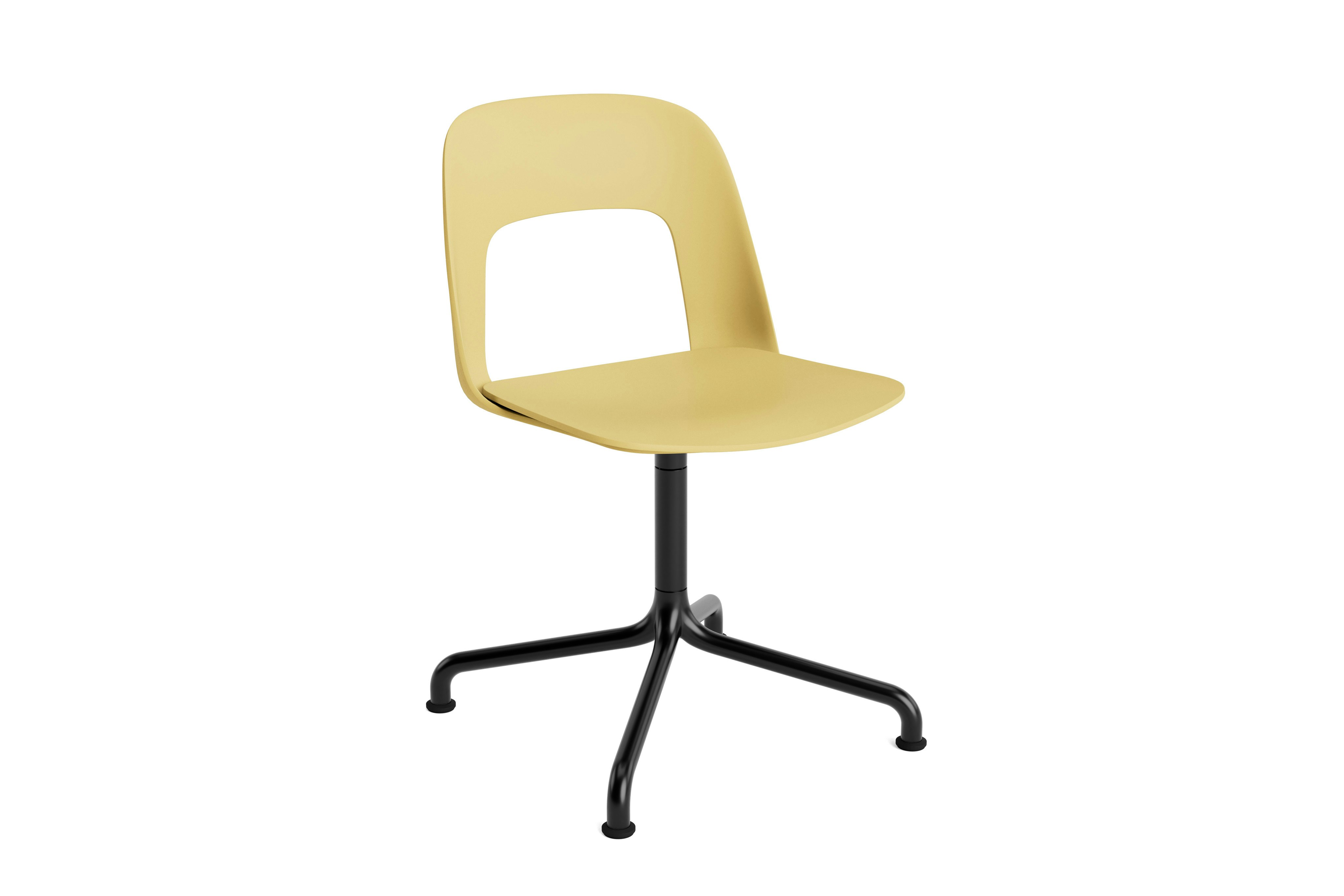 Layout Chair yellow polypropylene shell and seat on black aluminum arc base, front angled view