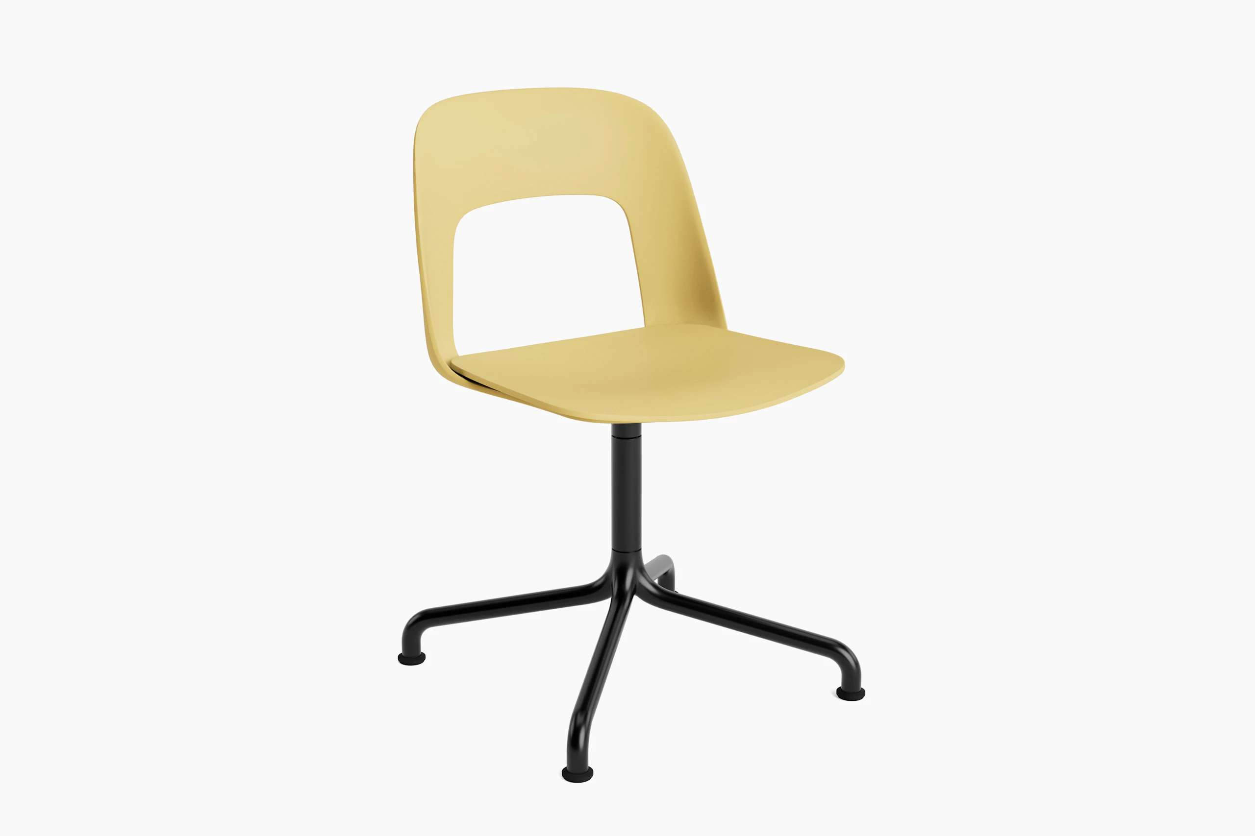 Layout Chair yellow polypropylene shell and seat on black aluminum arc base, front angled view