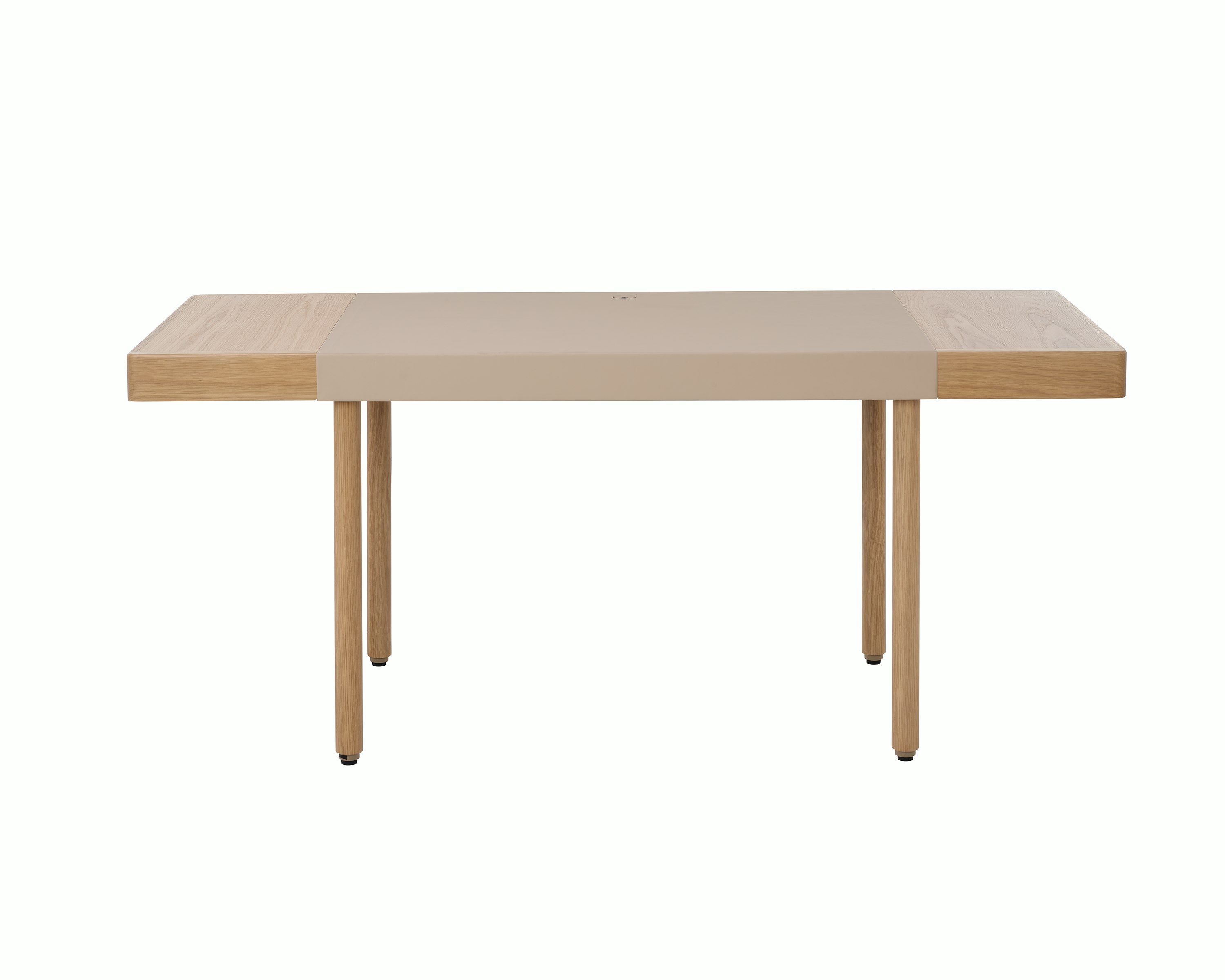 New Canaan Leatherwrap Sit-to-Stand Desk in Oak and Champagne Leather, two drawers, front view.