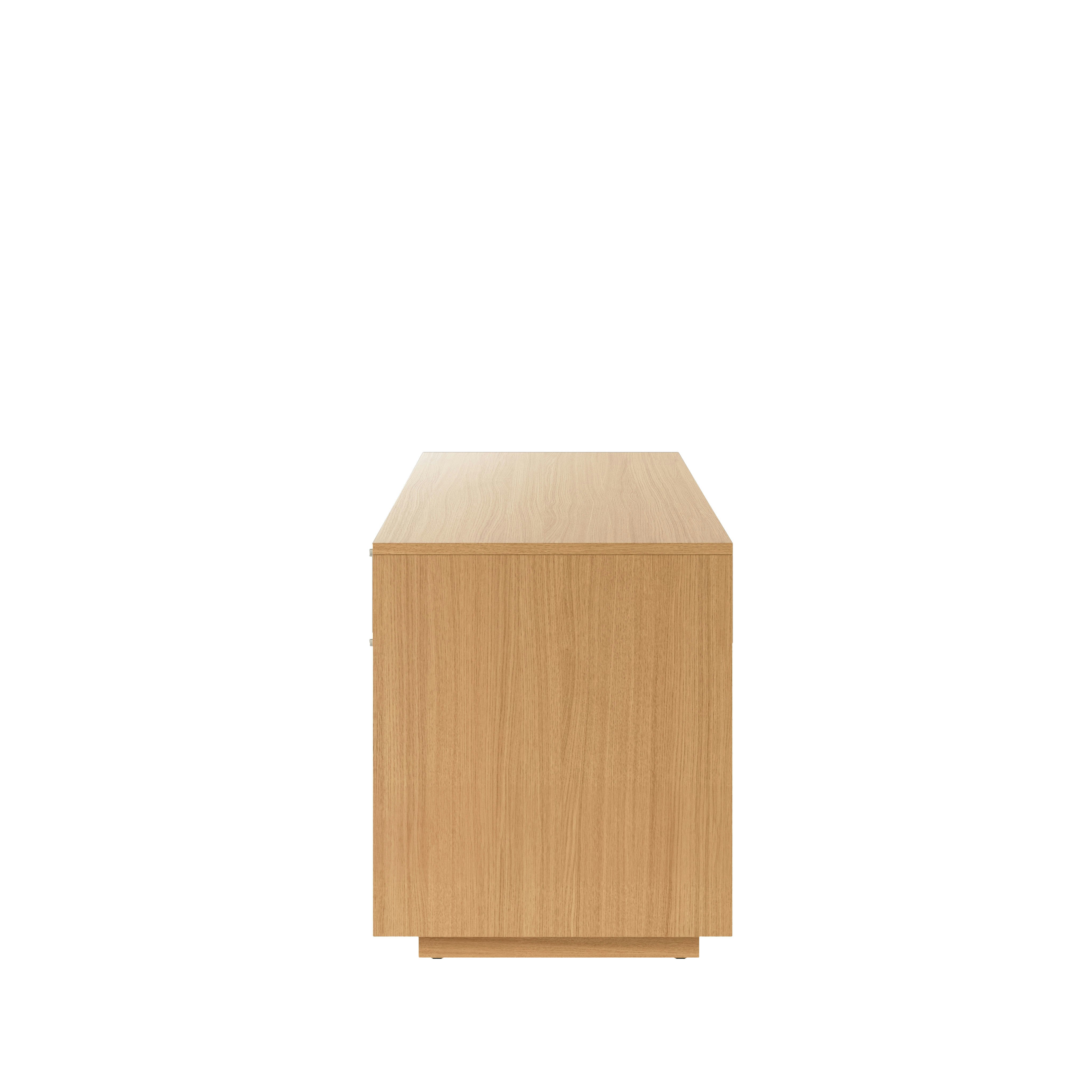 JD Credenza in Natural Rift Cut Oak with Satin Nickel drawer pulls viewed from the side. 