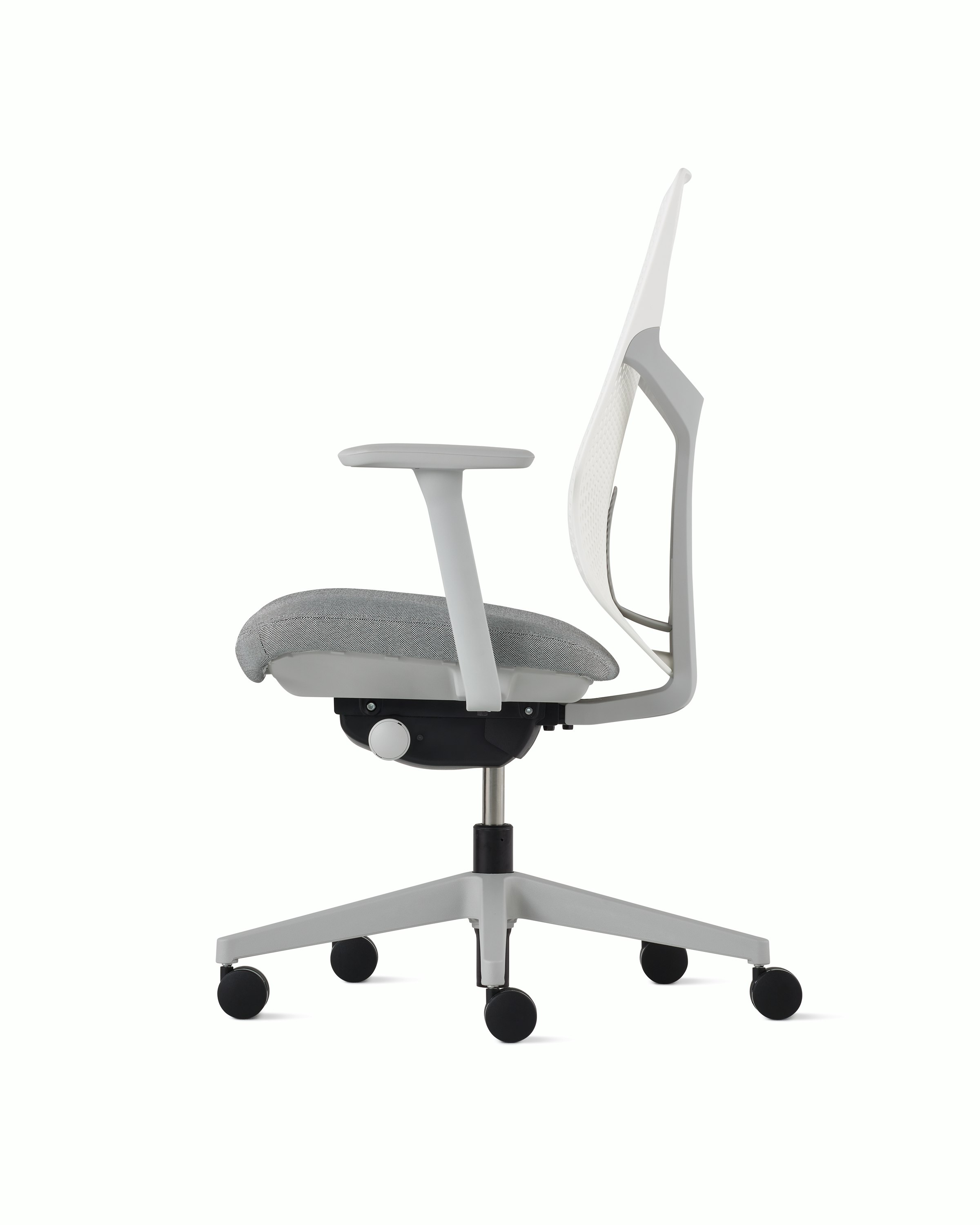 A white Verus Chair with Triflex back, grey seat and frame viewed from the side.