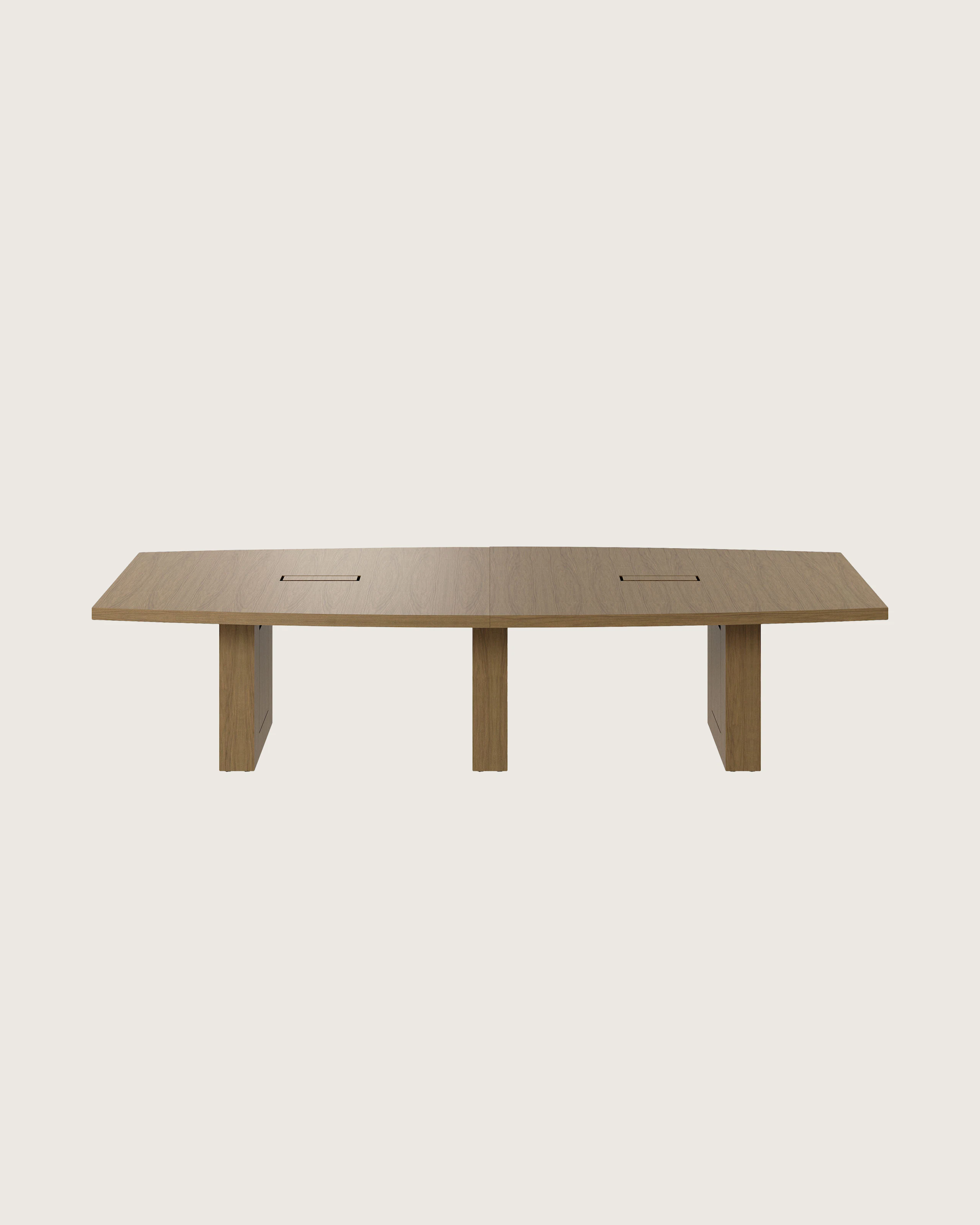 Boat-shaped JD Conference Table in Natural Flat Cut Walnut viewed from the front.