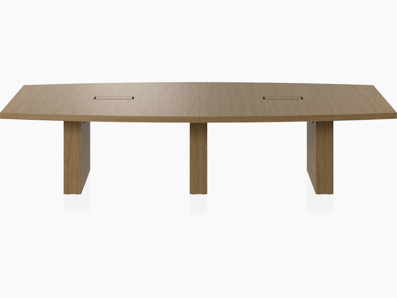 Boat-shaped JD Conference Table in Natural Flat Cut Walnut viewed from the front.