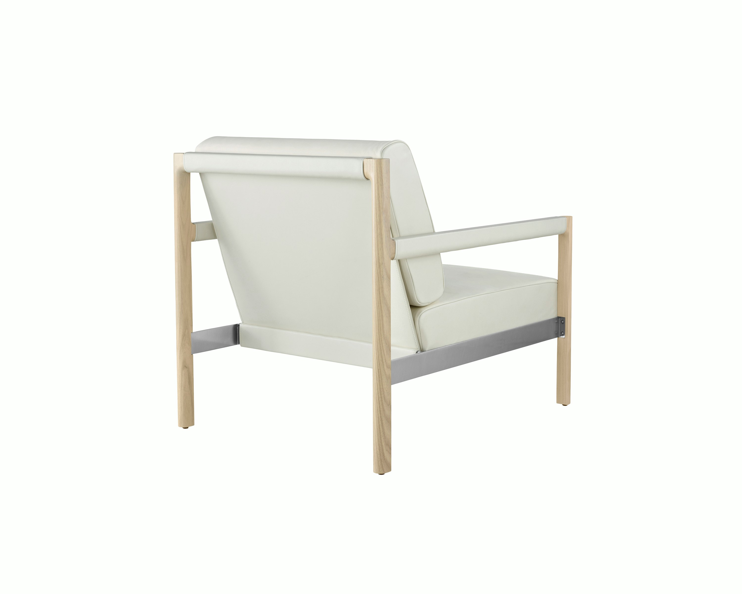 A Brabo club chair with off-white leather upholstery, viewed from behind to show the exposed wood and metal frame.